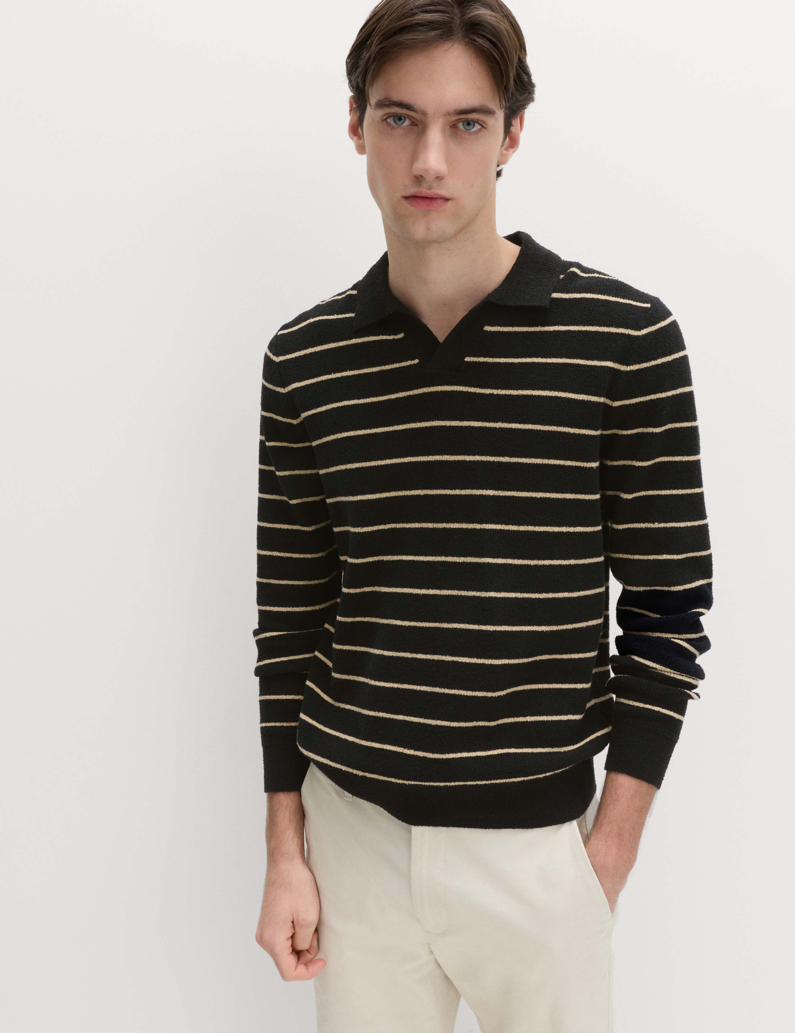 Cotton Rich Bouclé Striped Open Neck Jumper