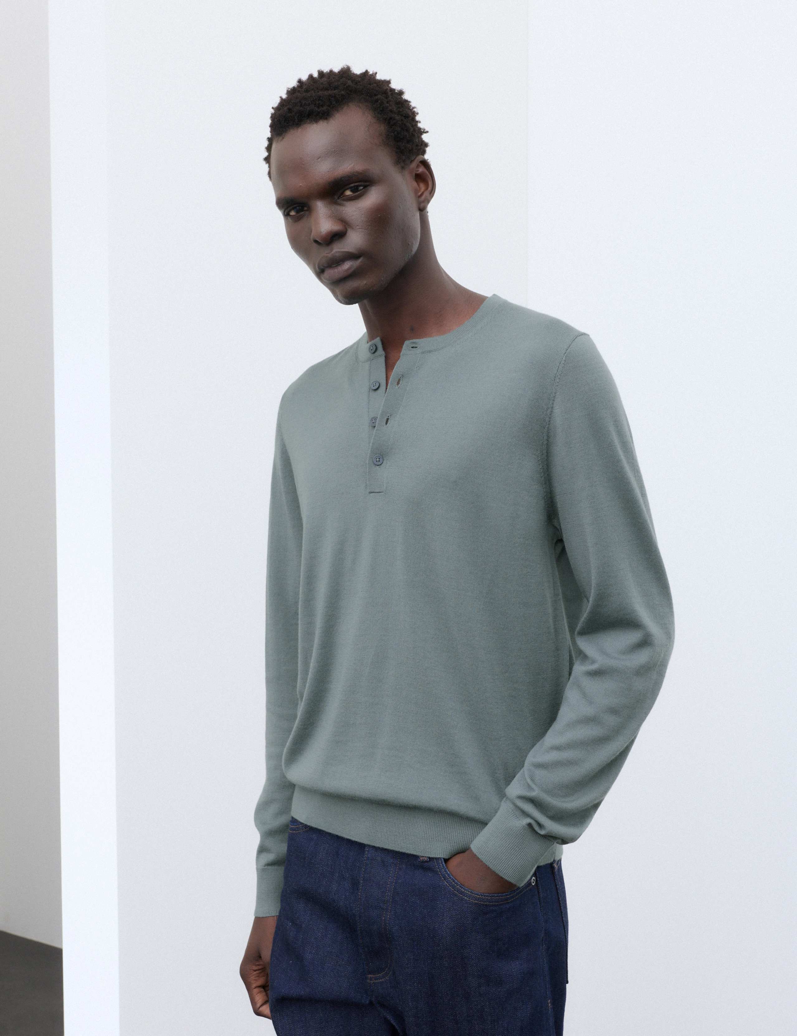 Pure Extra Fine Merino Wool Henley Jumper