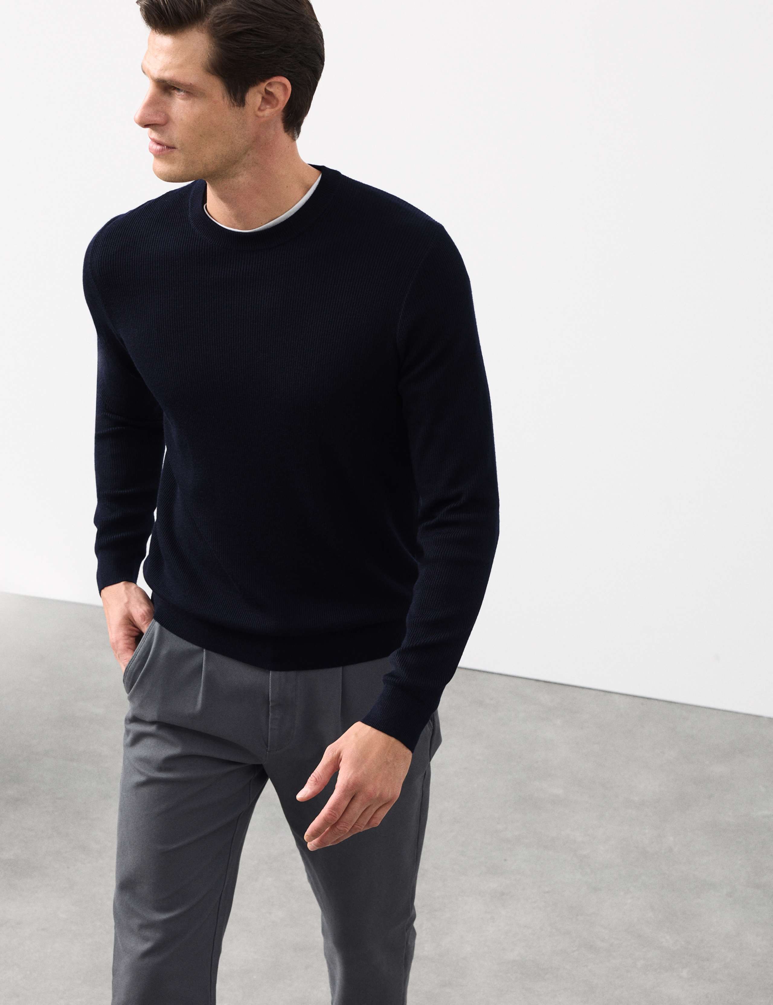 Merino Wool Blend Ribbed Crew neck Jumper