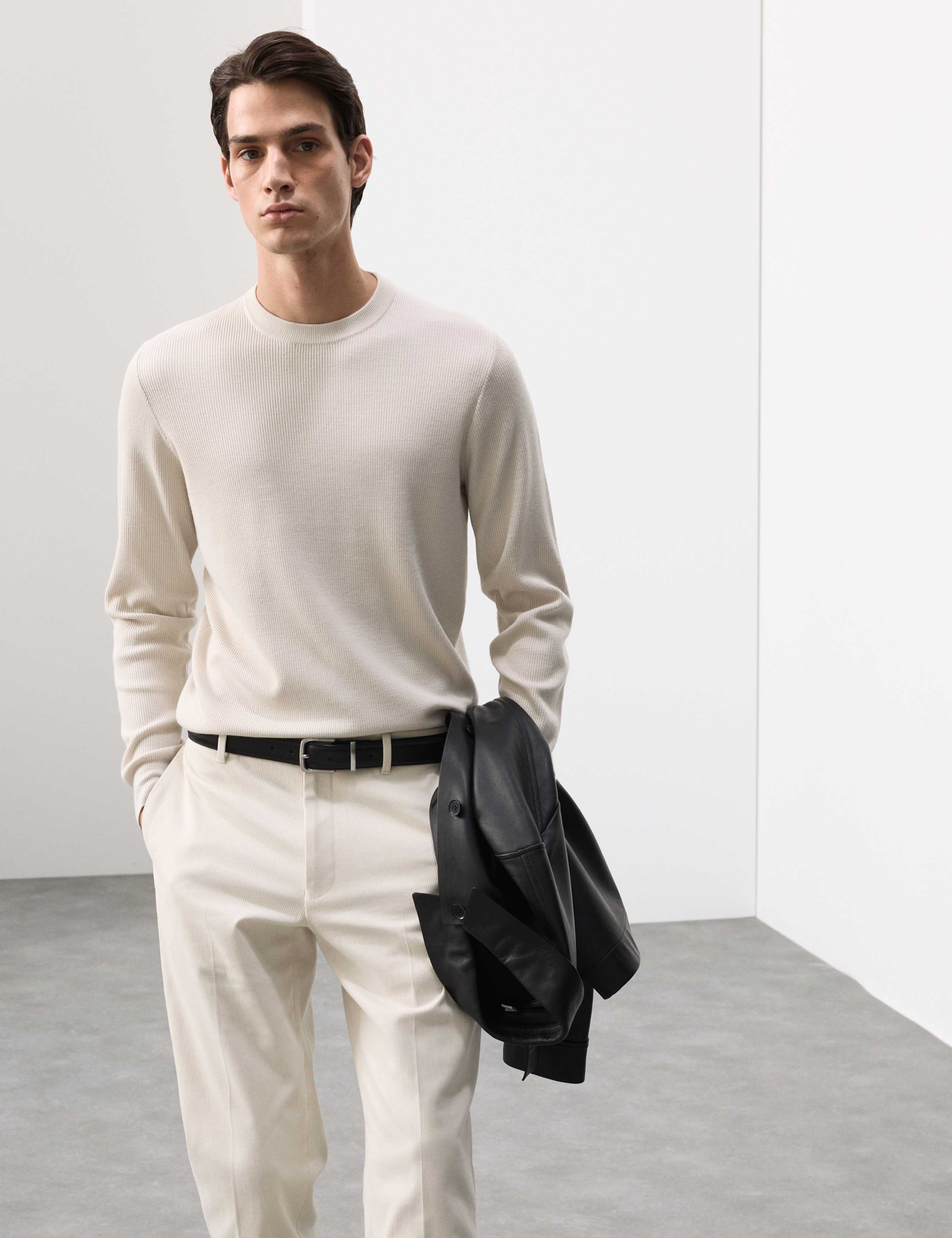 Merino Wool Blend Ribbed Crew neck Jumper