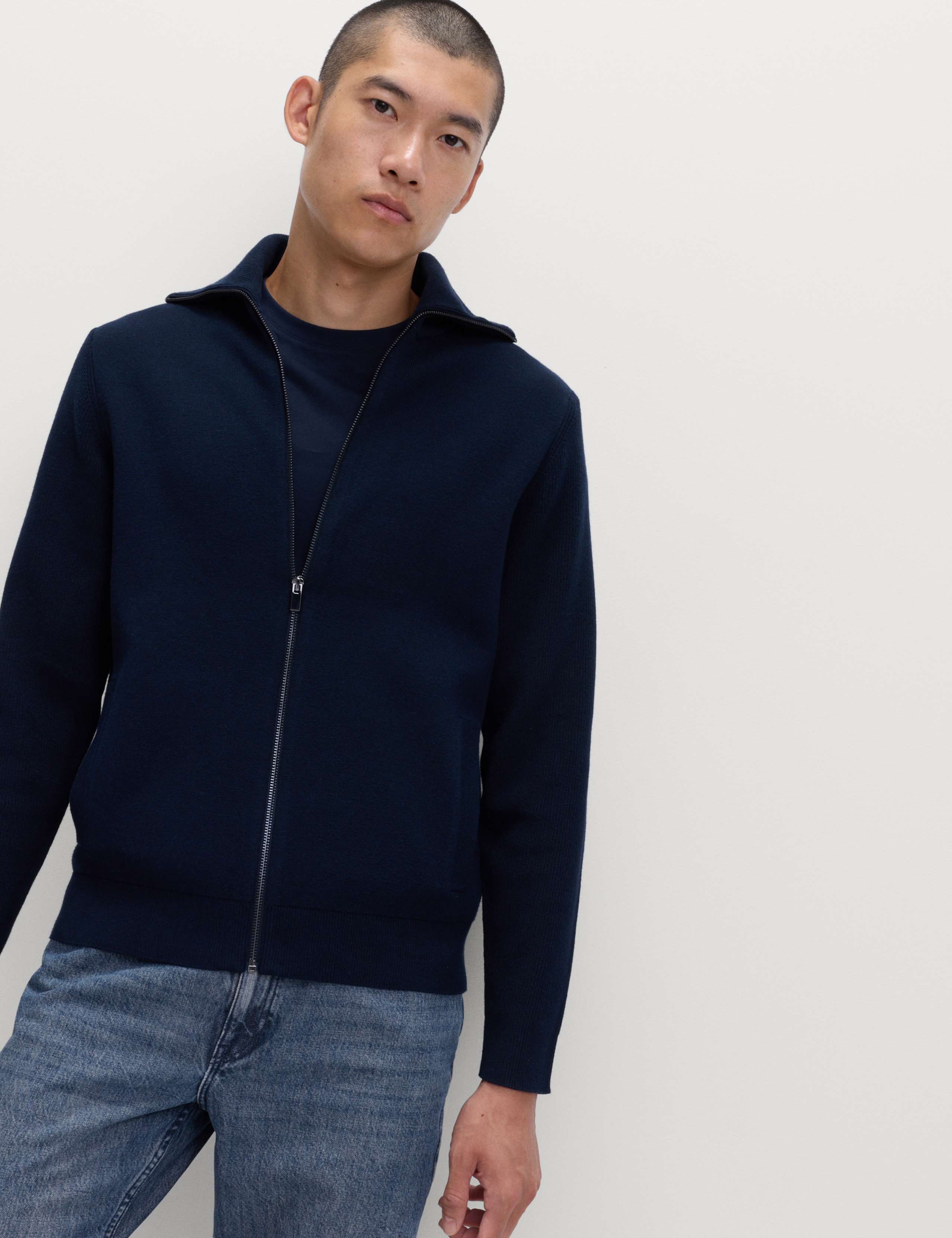 Cotton Blend Funnel Neck Zip Up Jumper