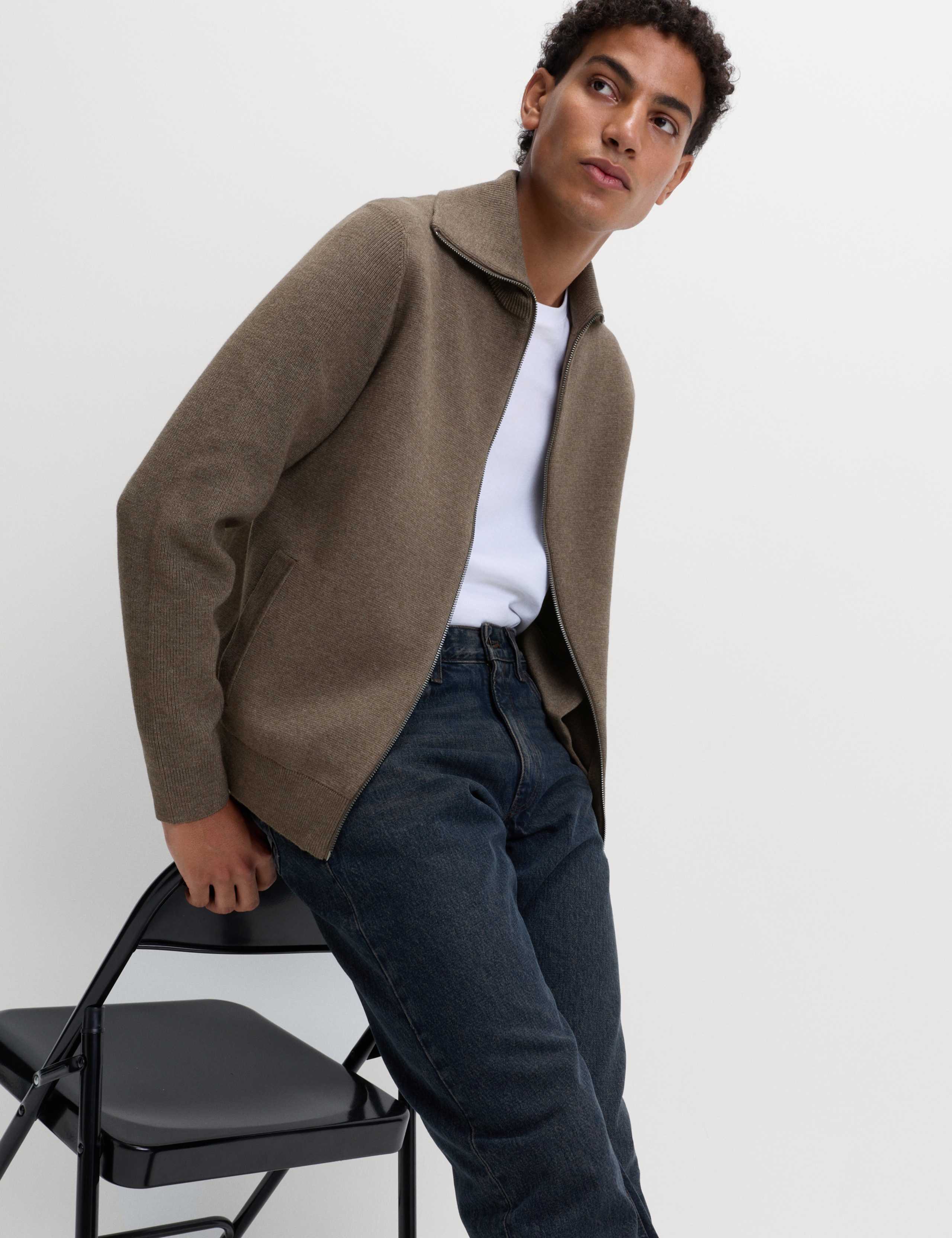 Cotton Blend Funnel Neck Zip Up Jumper