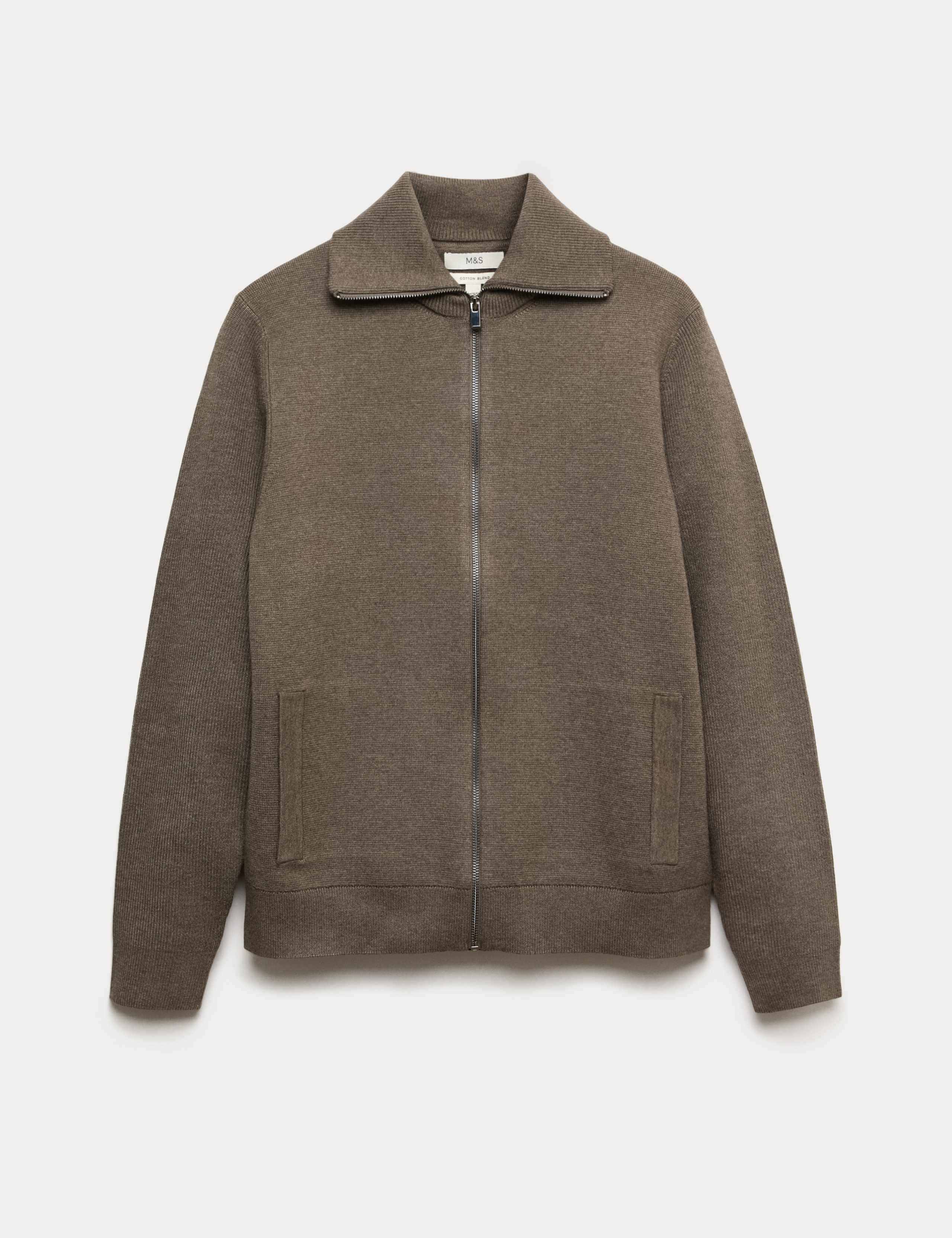 Cotton Blend Funnel Neck Zip Up Jumper