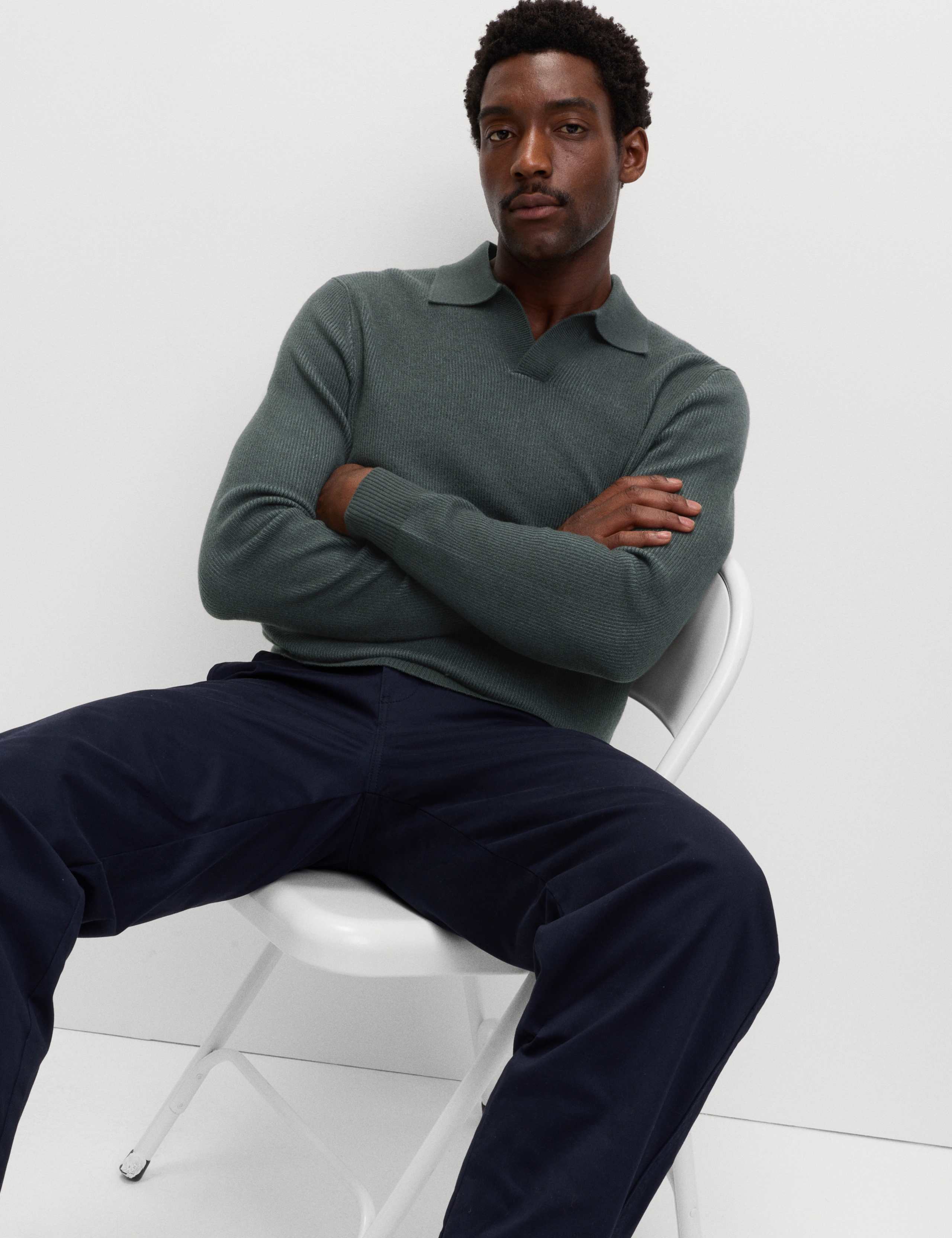 Air-Yarn Ribbed Knitted Polo Shirt