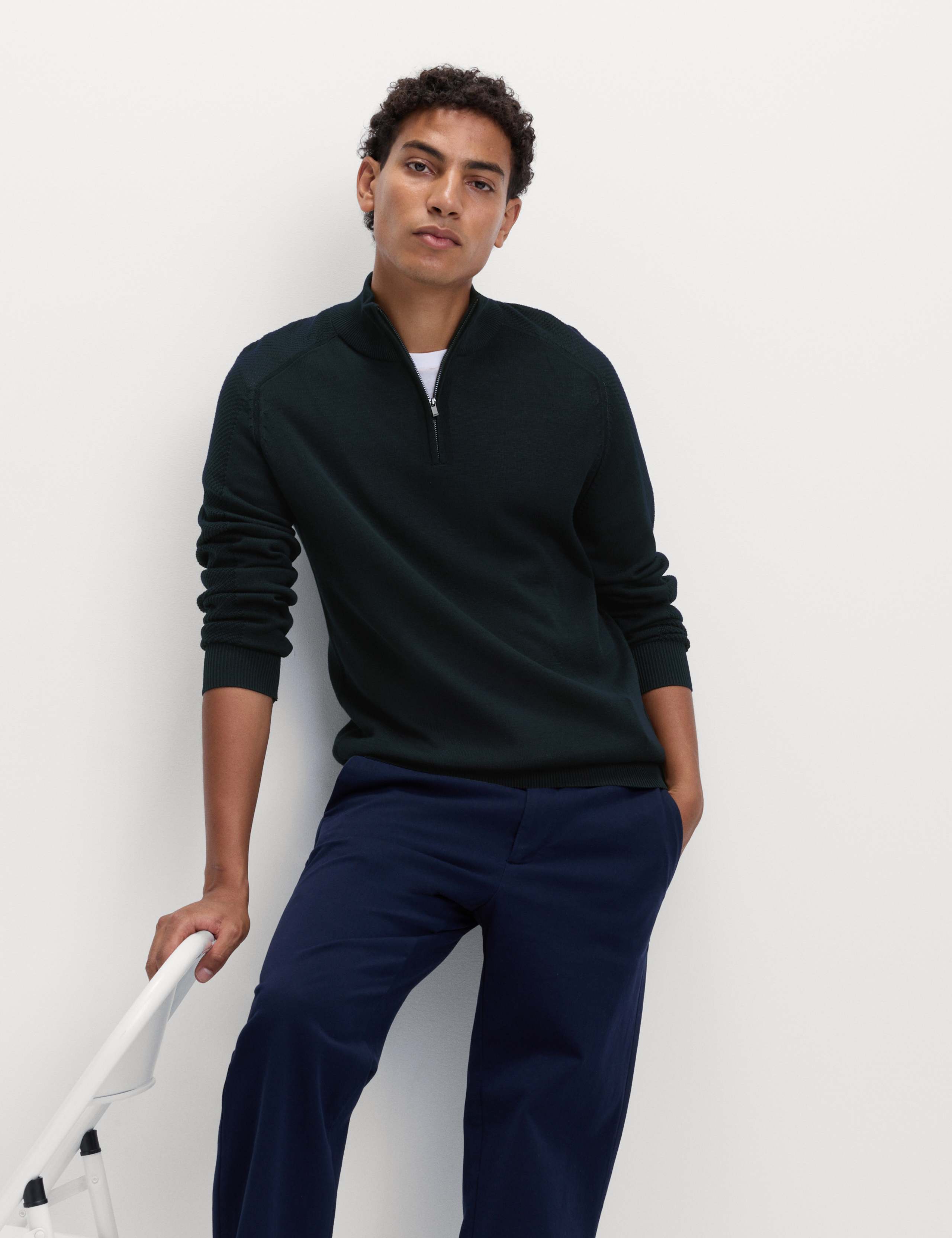 Cotton Modal Blend Half Zip Textured Jumper