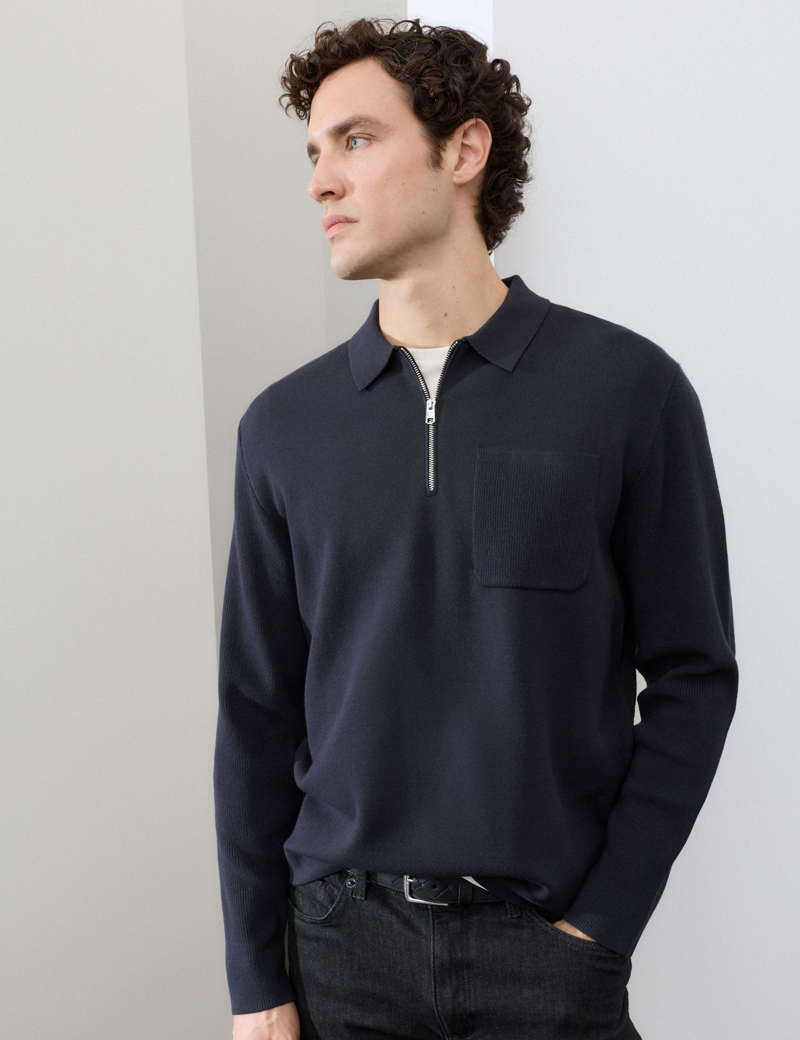 Half Zip Ribbed Long Sleeve Knitted Polo Shirt