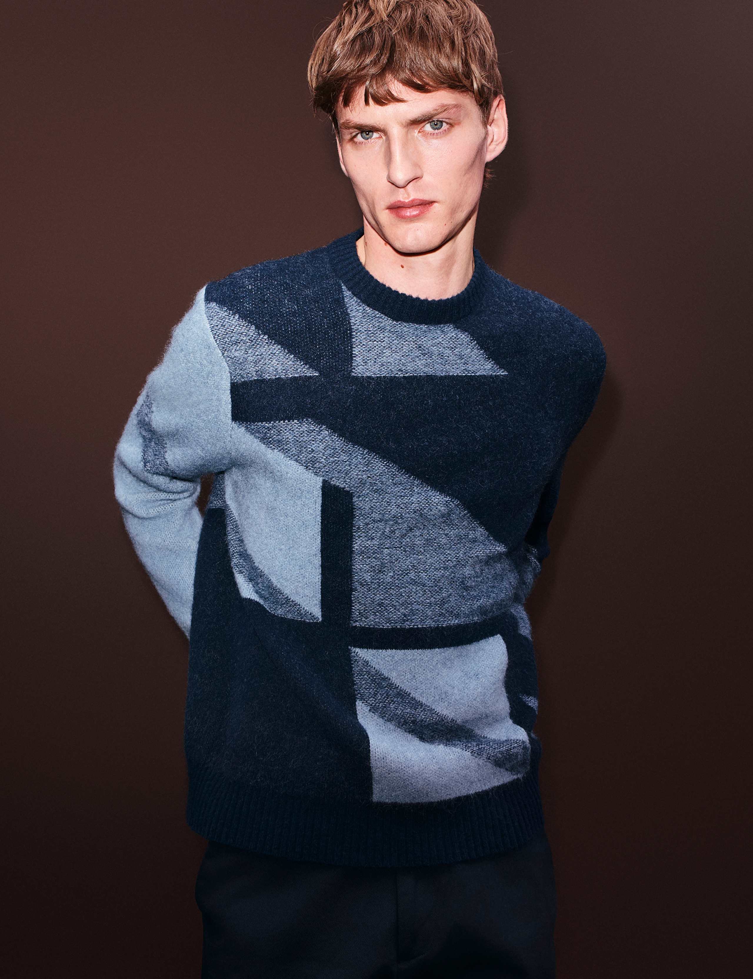 Merino Wool Blend Geometric Crew Neck Jumper