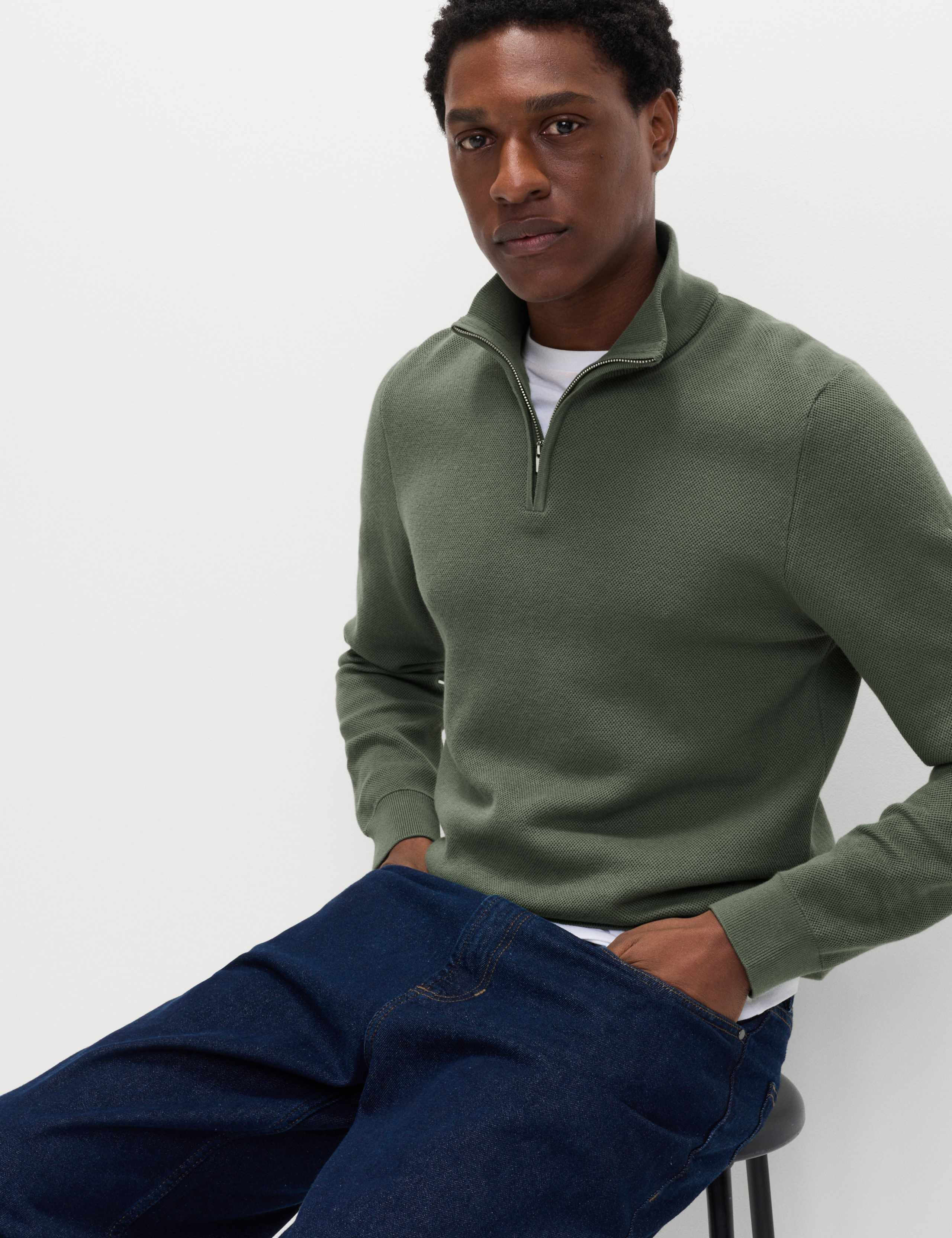 Cotton Rich Textured Half Zip Jumper