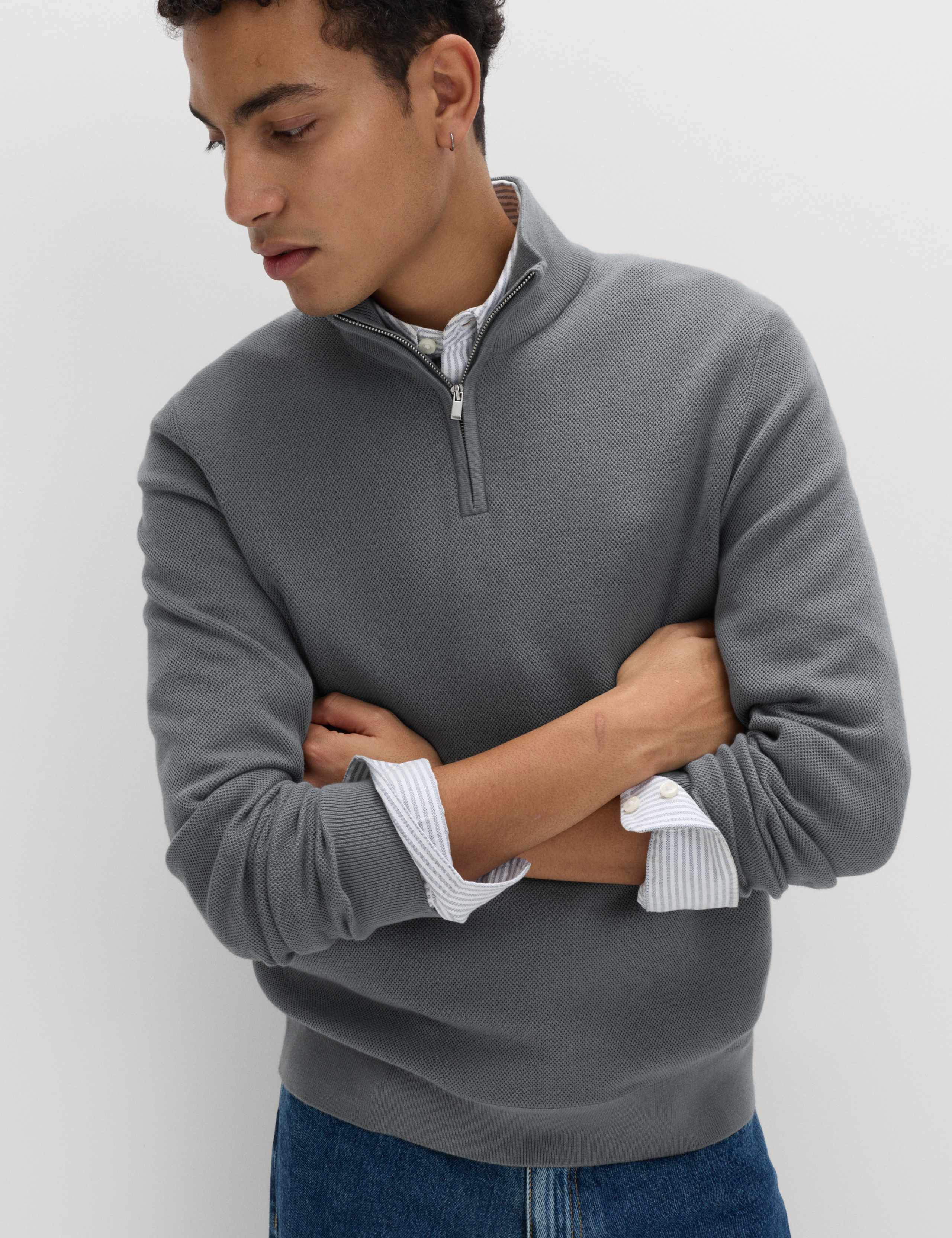 Cotton Rich Textured Half Zip Jumper