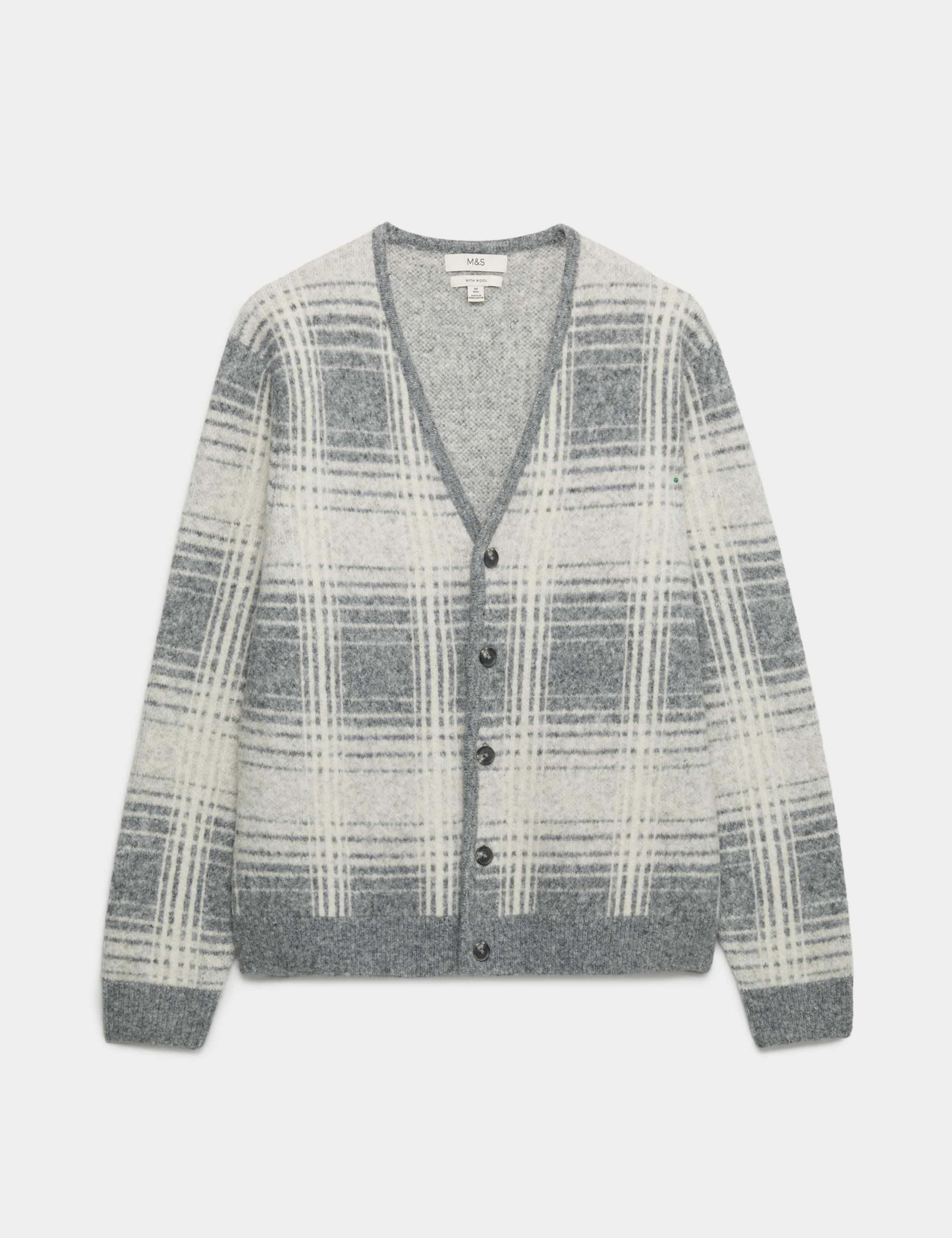 Checked Hazy Knit V-Neck Cardigan with Wool