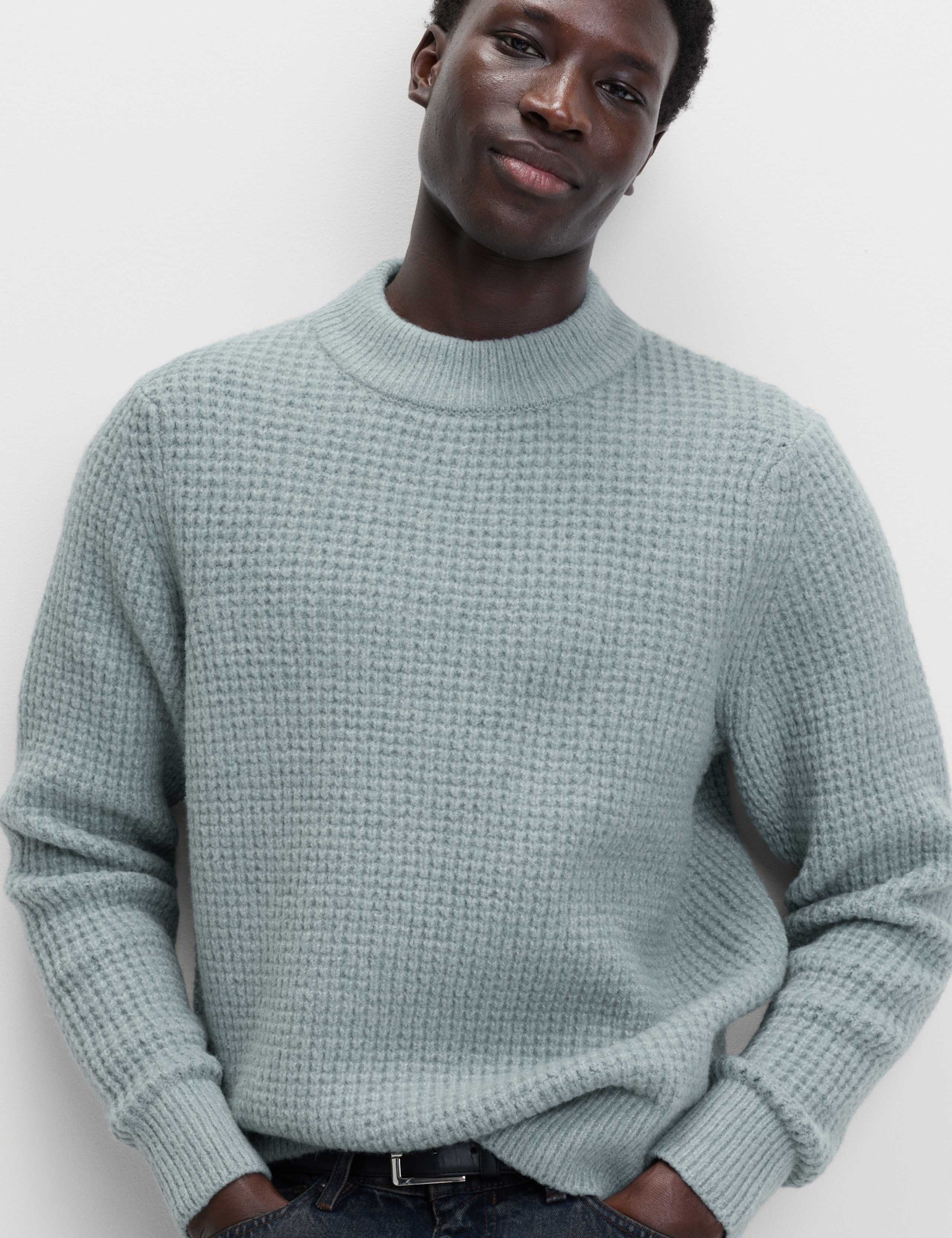 Waffle Knit High Neck Jumper with Wool