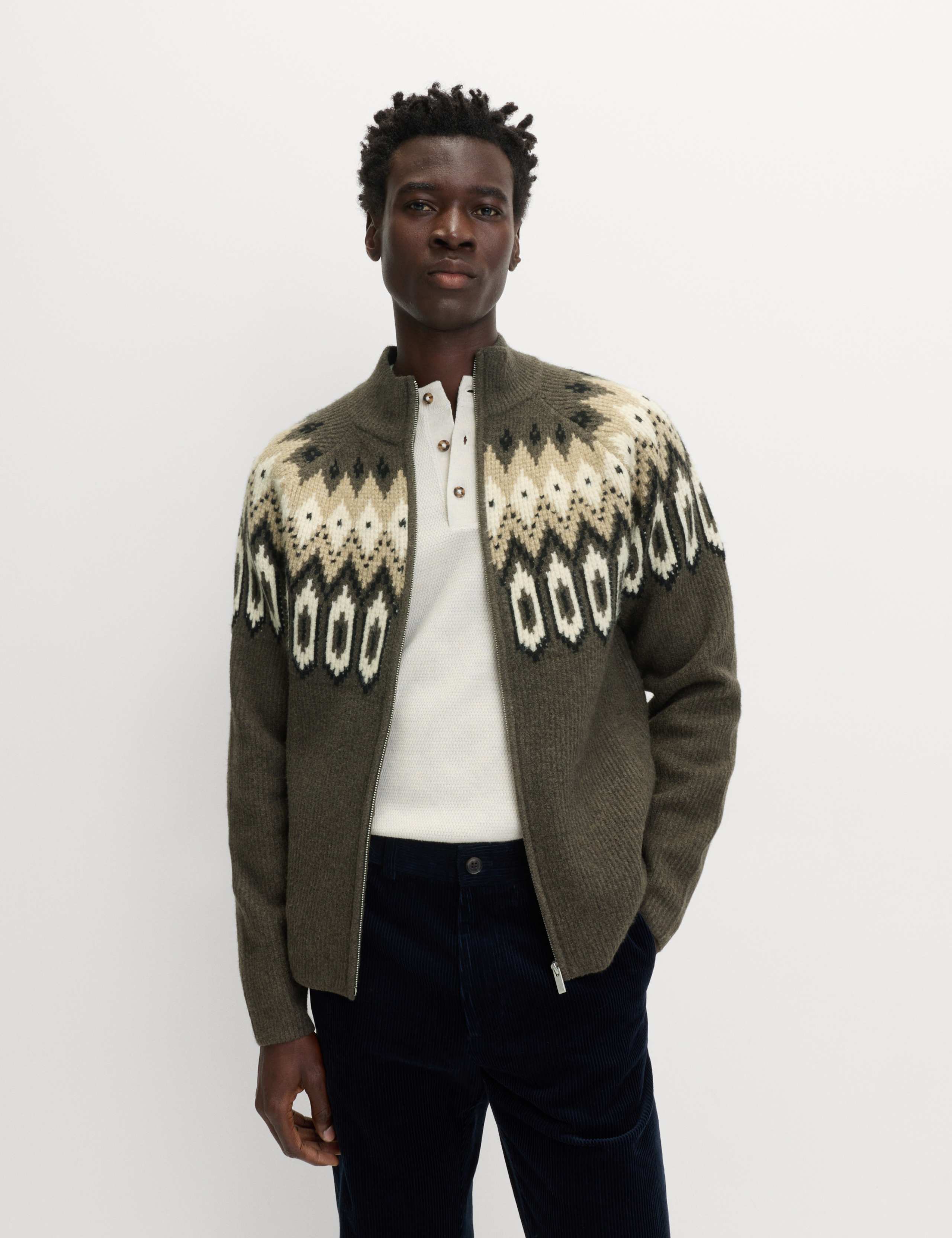 Fair Isle Funnel Neck Zip Up Jacket