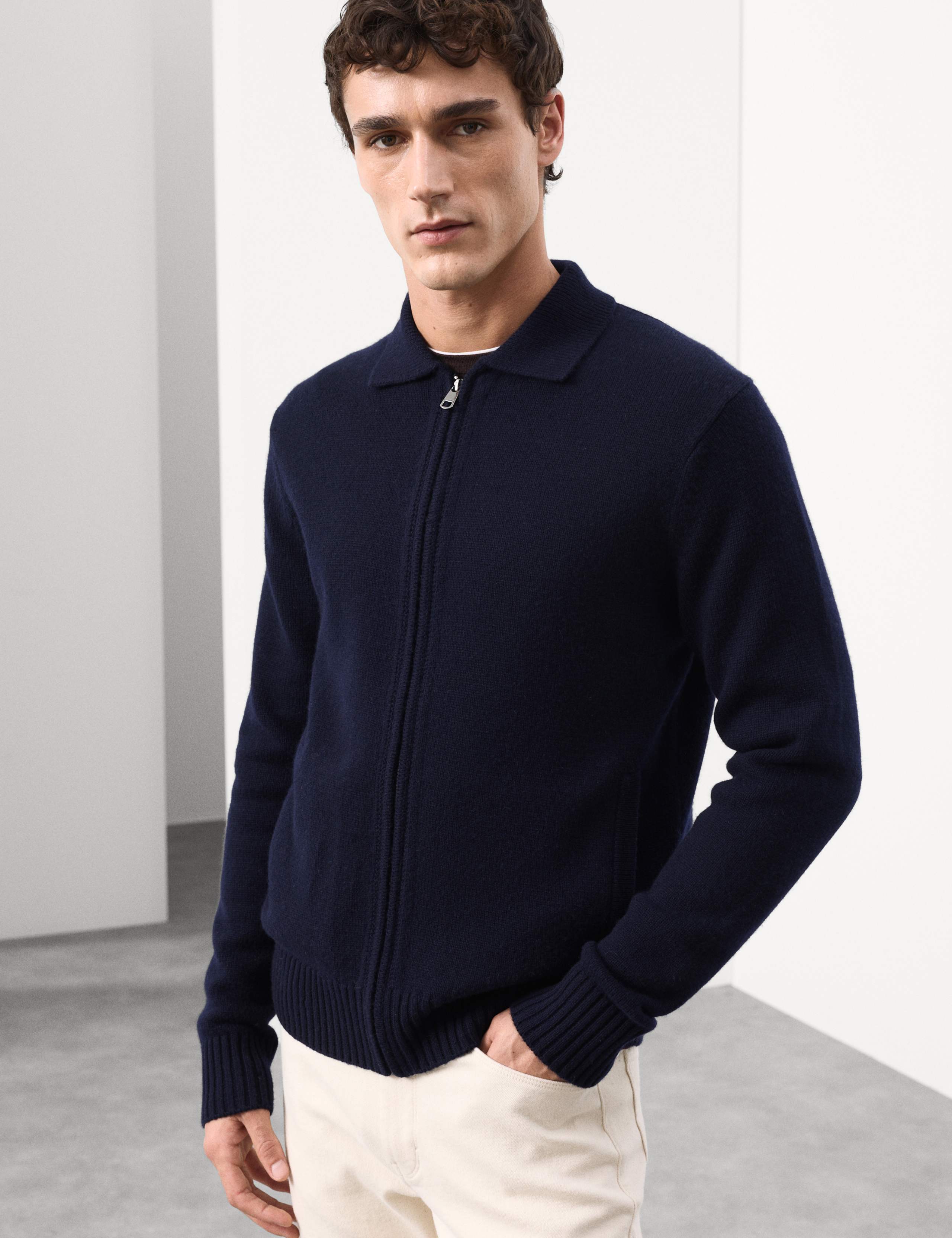 Cashmere and Wool Blend Collared Knitted Jacket