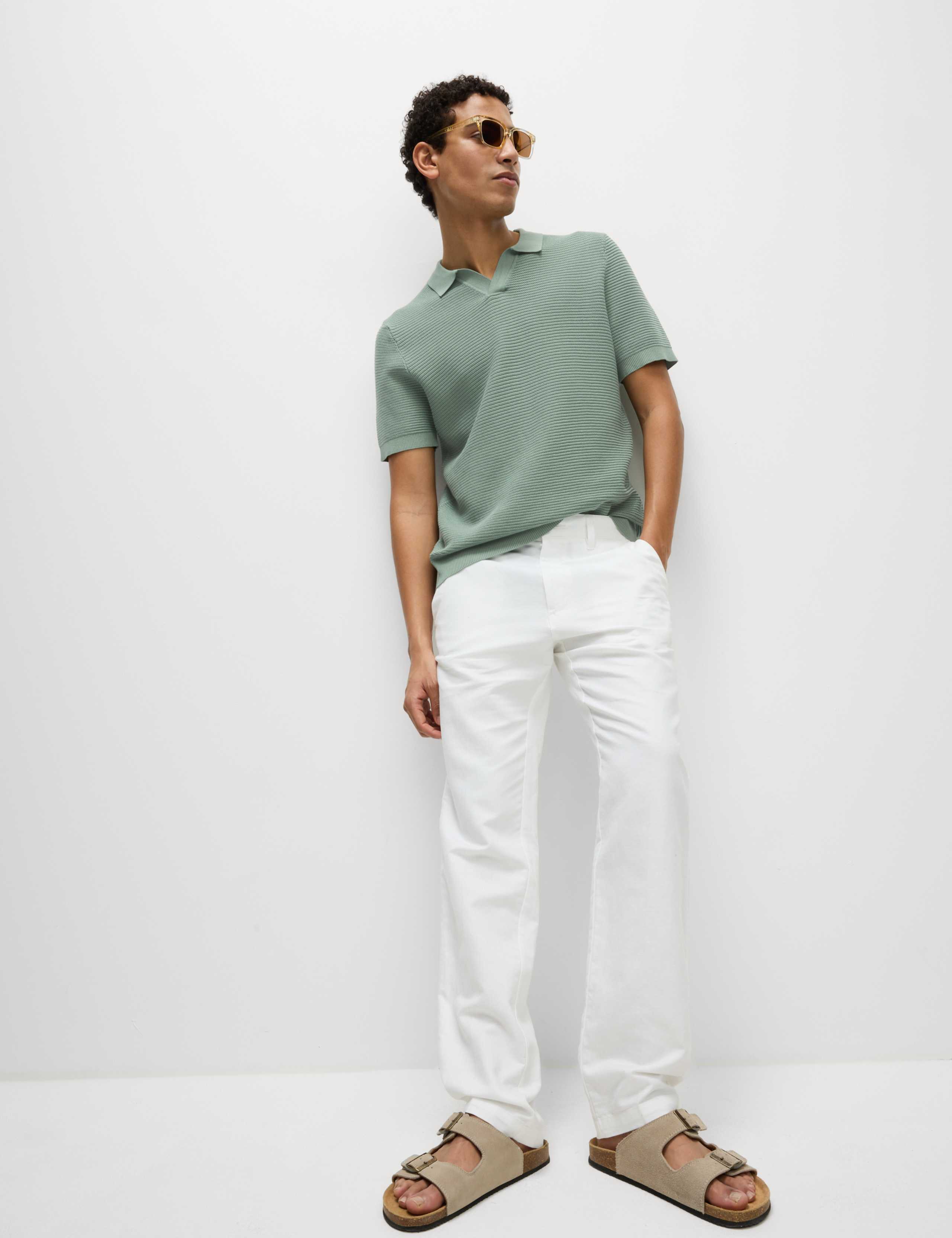 Pure Cotton Open Neck Ribbed Knitted Polo Shirt