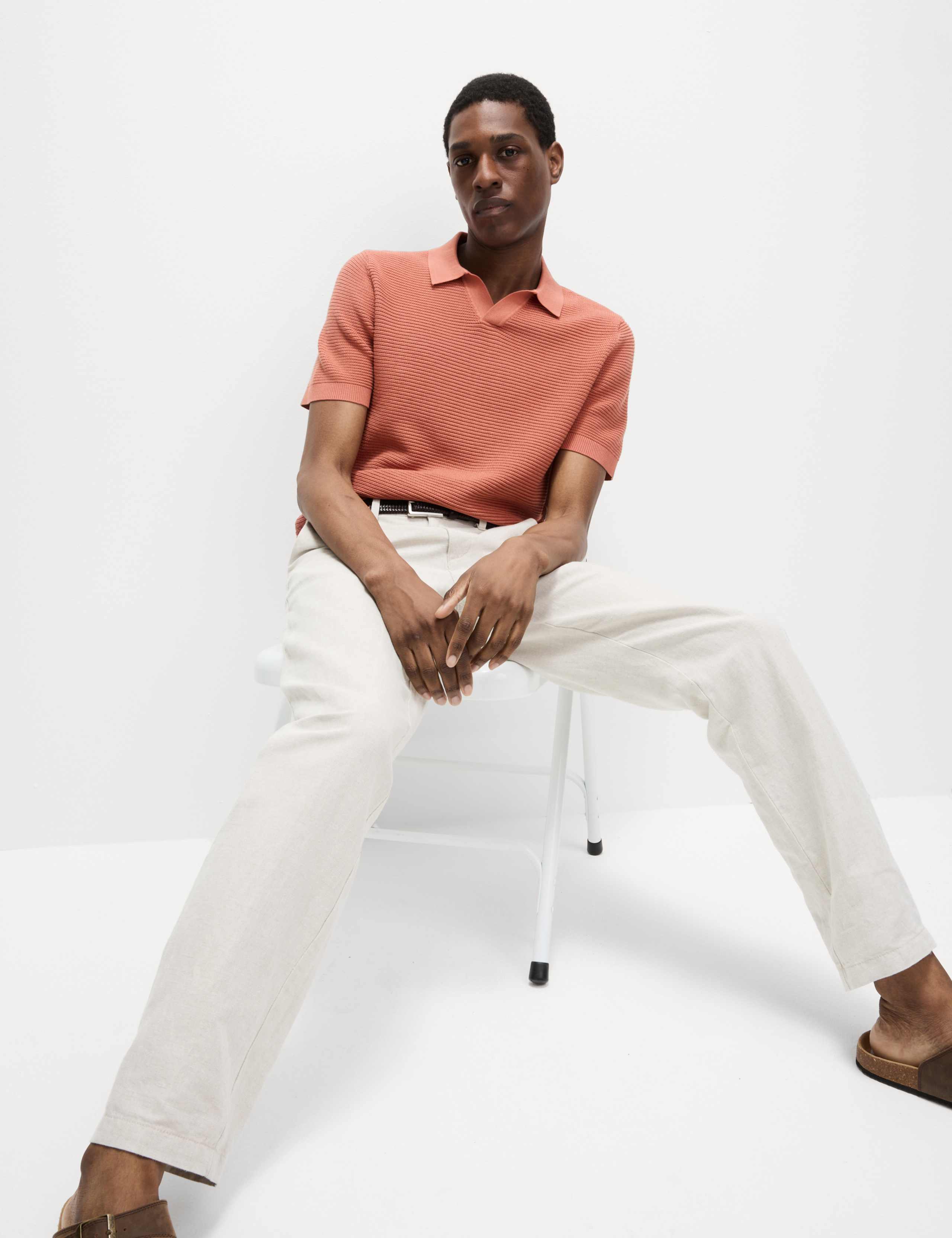Pure Cotton Open Neck Ribbed Knitted Polo Shirt