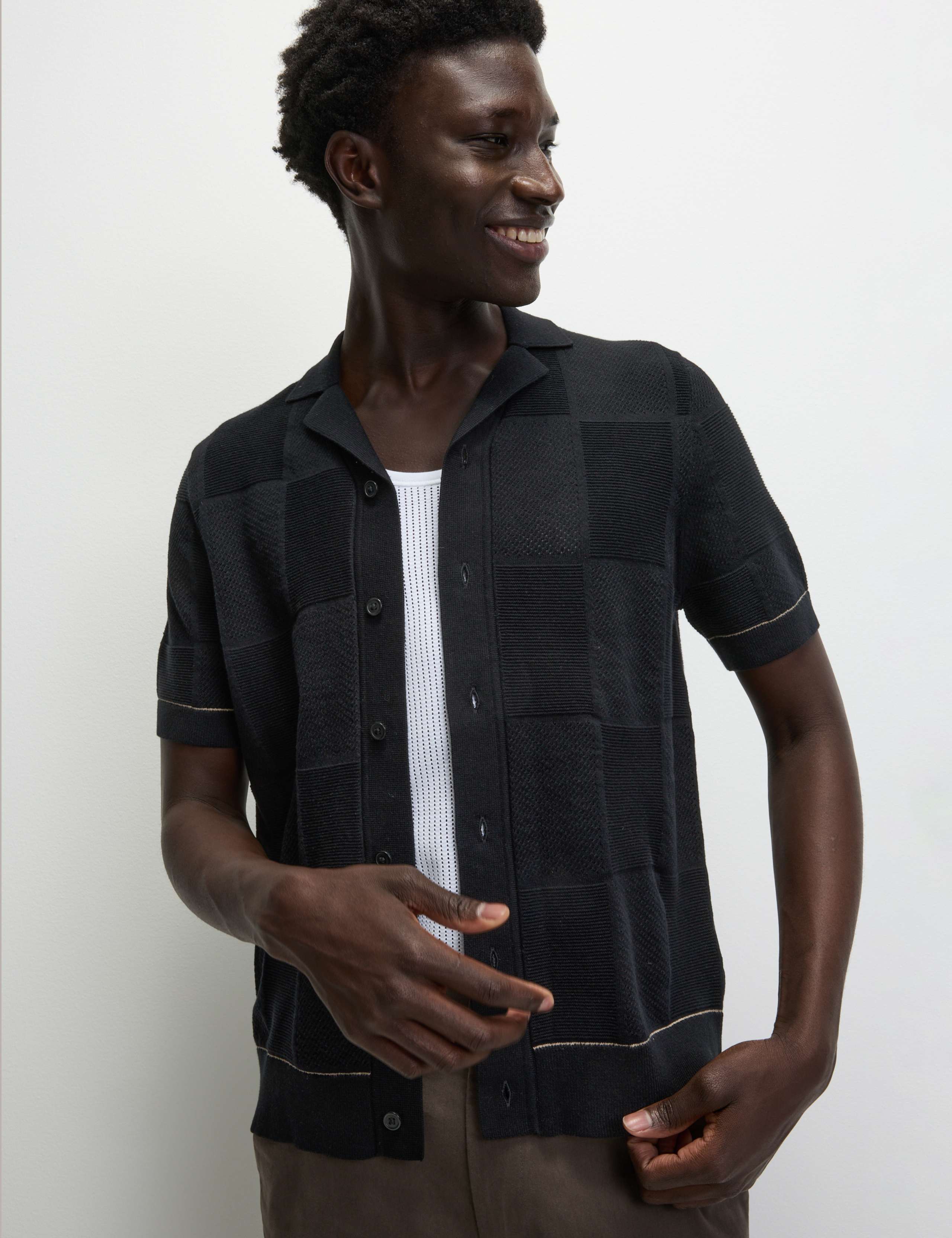 Button-Through Patchwork Knitted Polo Shirt