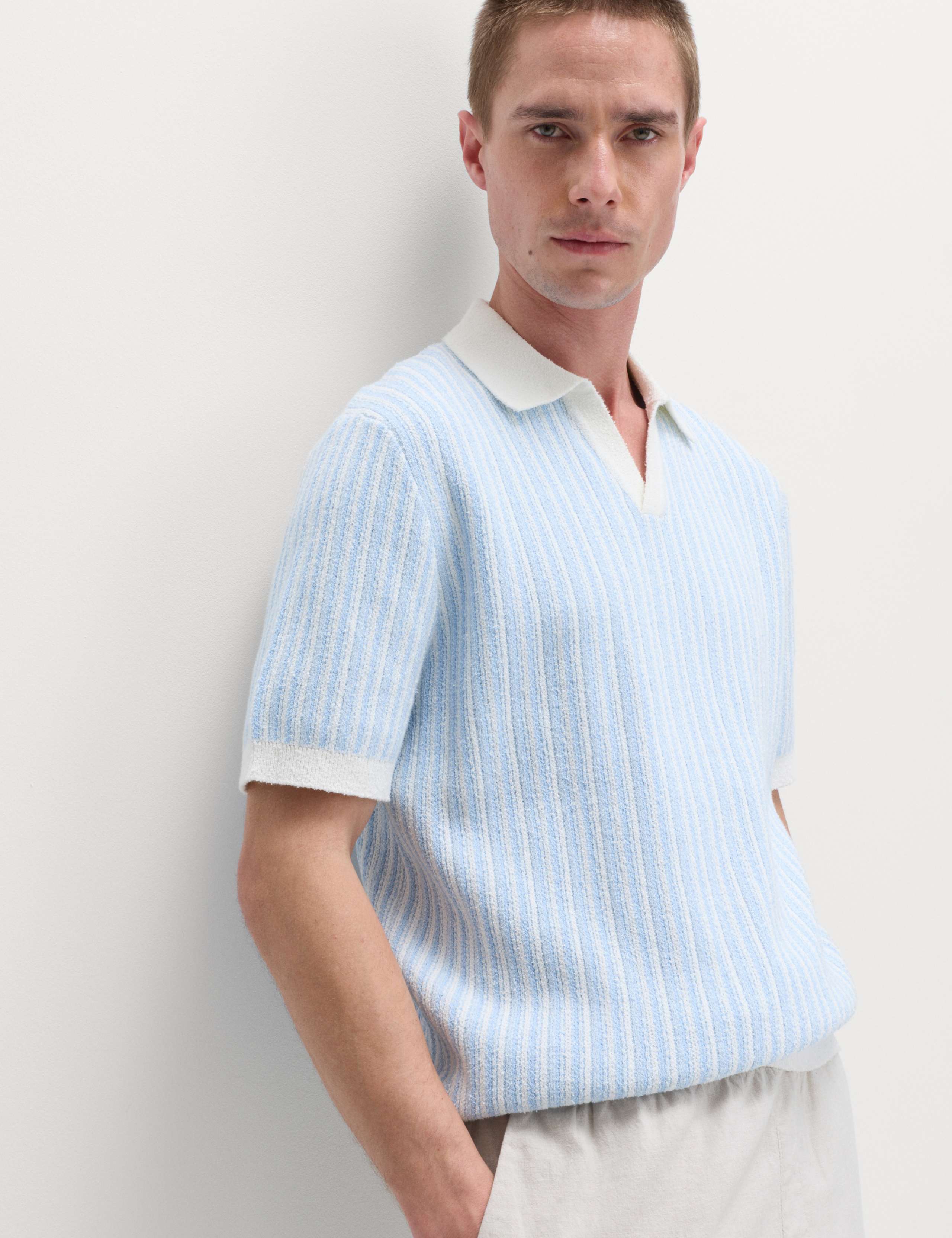 Boucle Striped Open Neck Knitted Polo Shirt