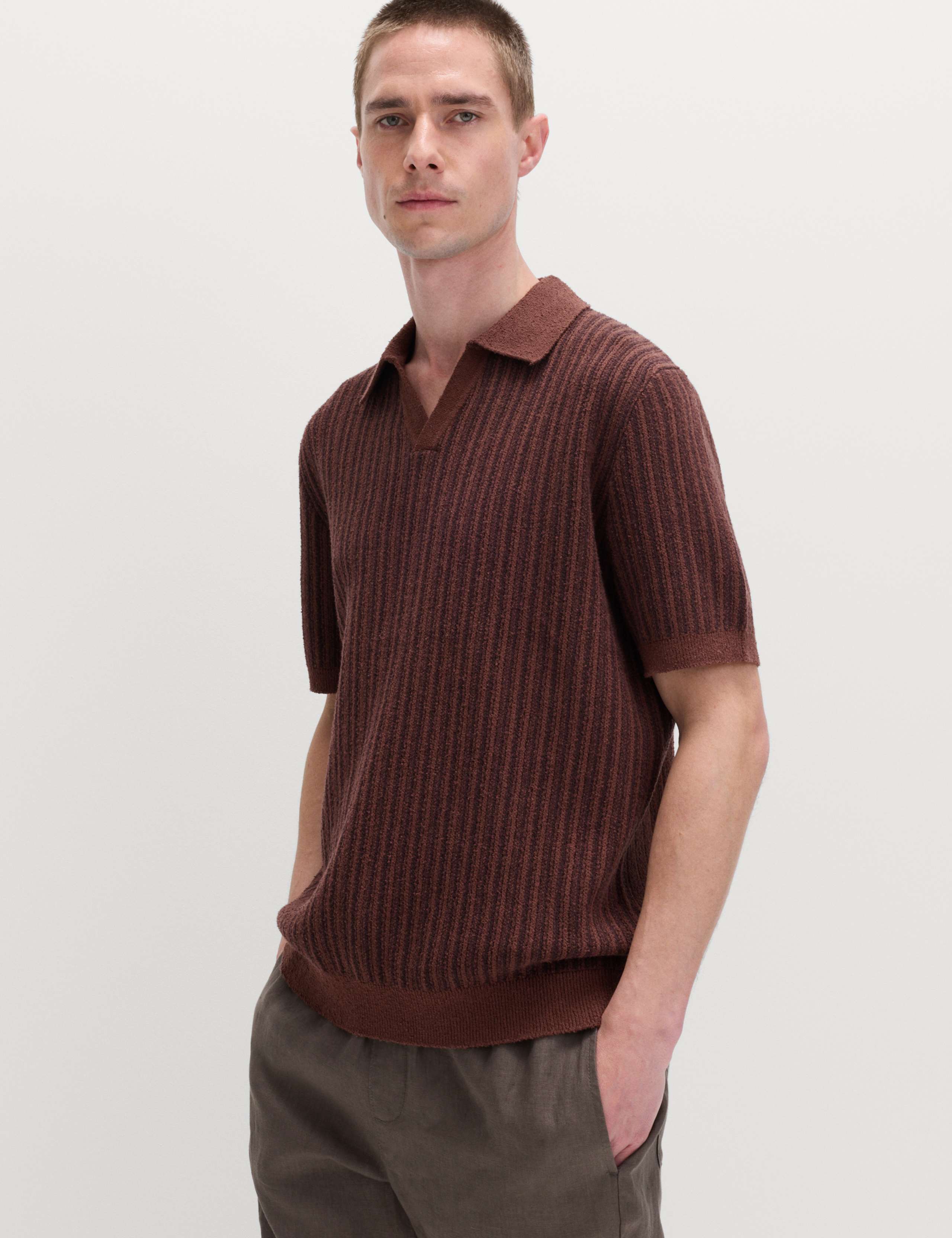 Boucle Striped Open Neck Knitted Polo Shirt