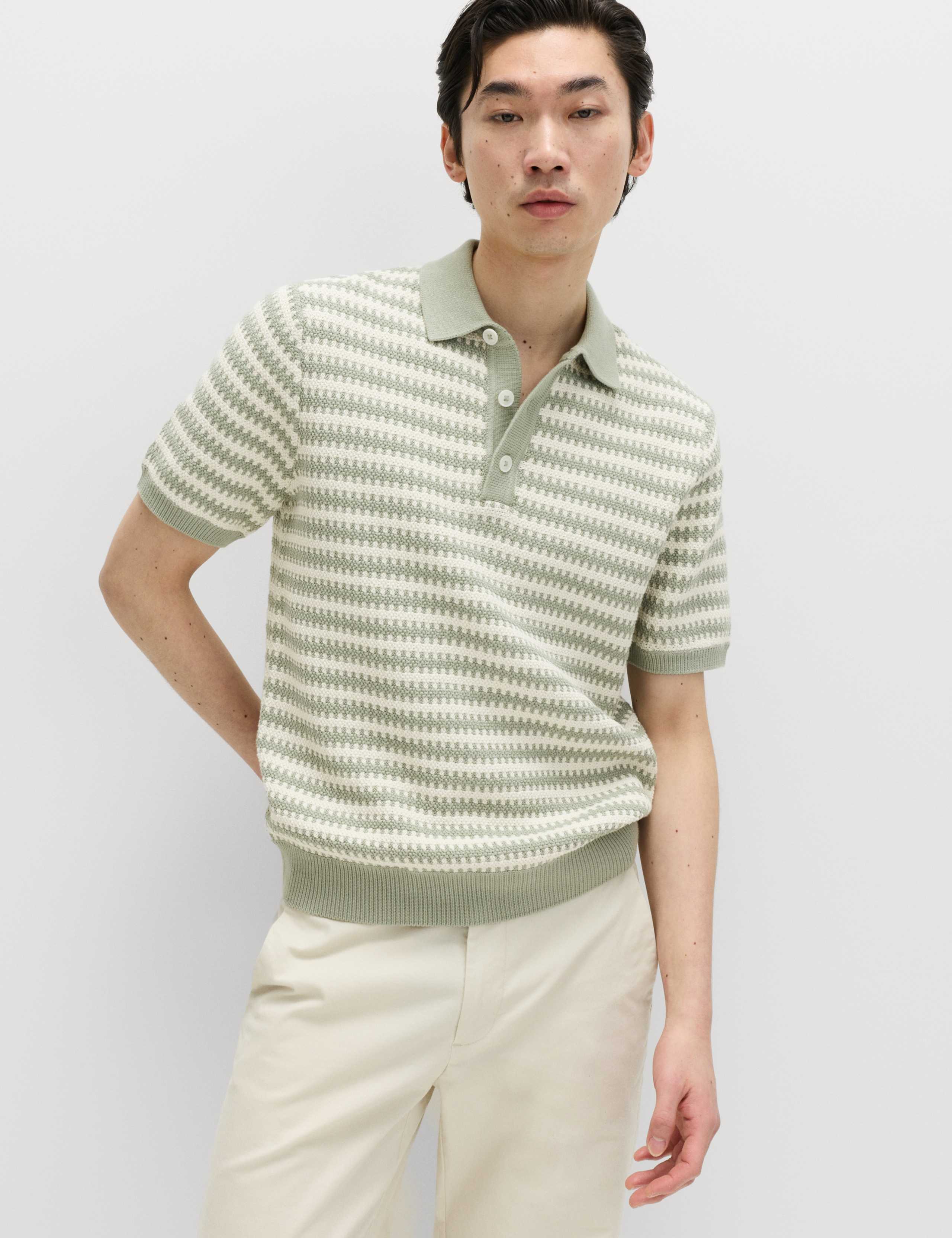 Pure Cotton Textured Striped Knitted Polo Shirt