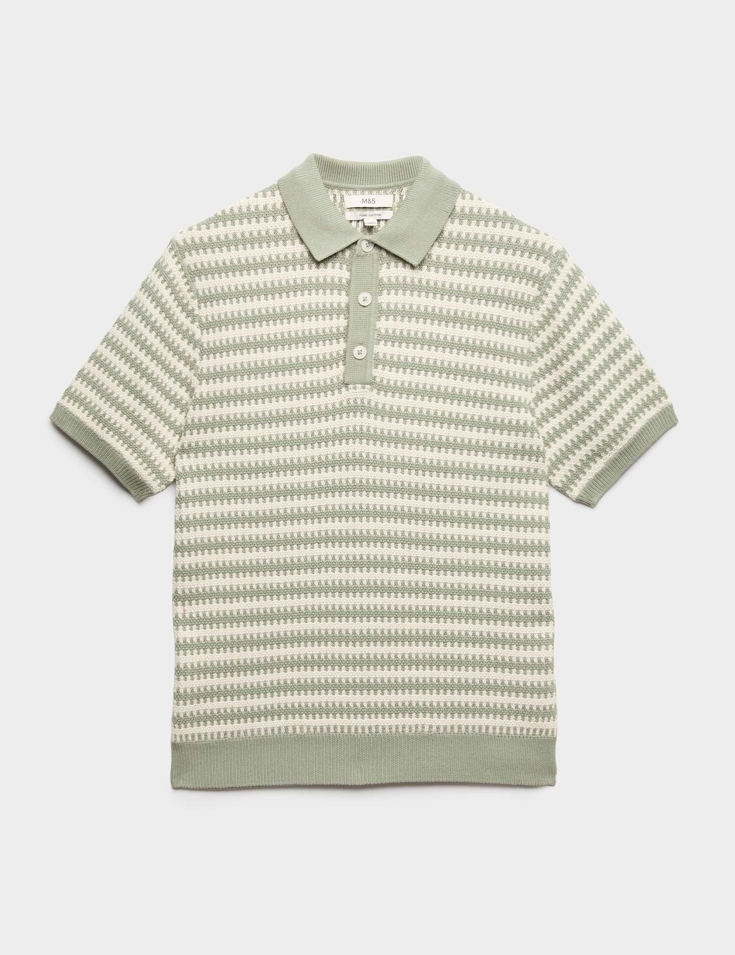 Pure Cotton Textured Striped Knitted Polo Shirt