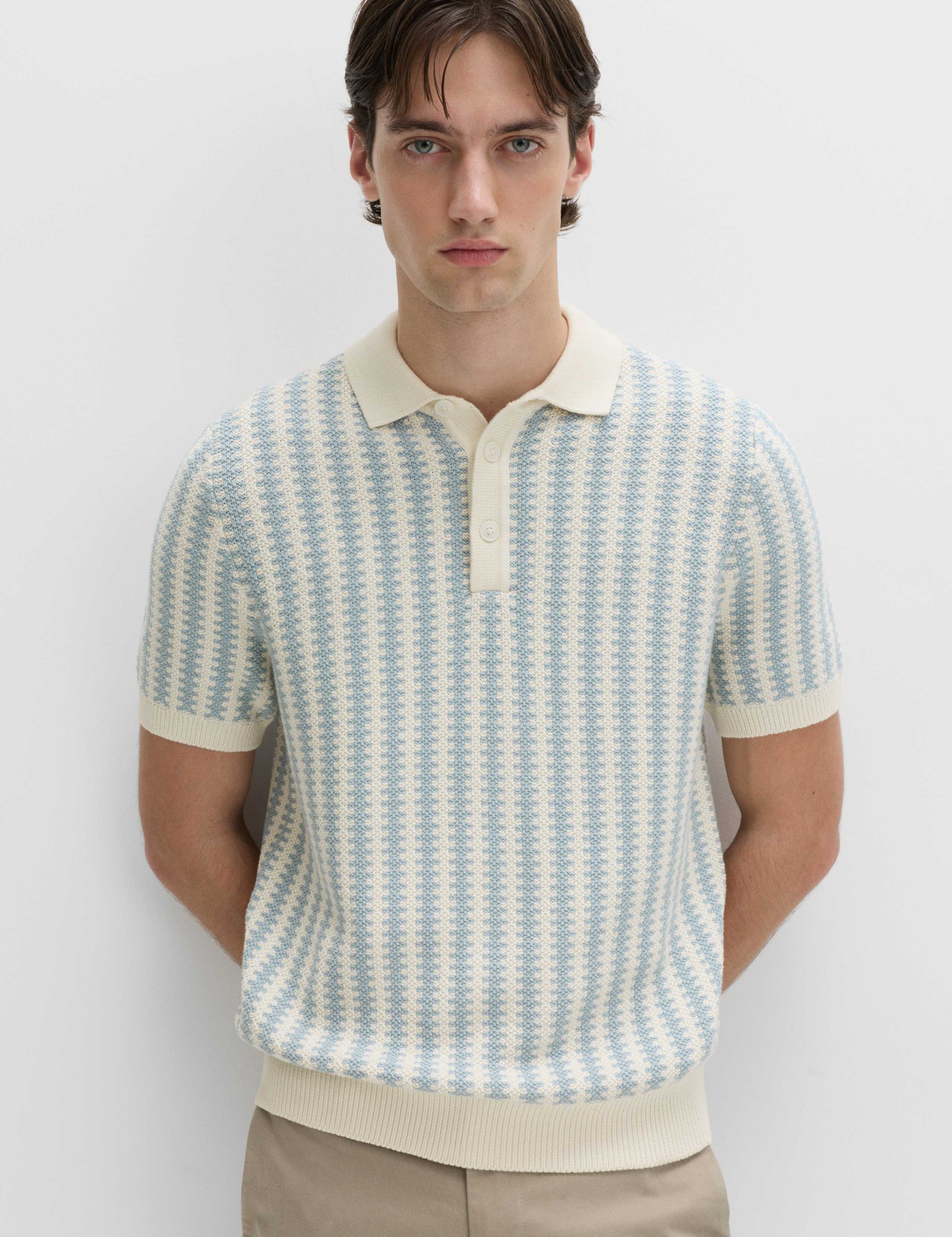 Pure Cotton Textured Striped Knitted Polo Shirt