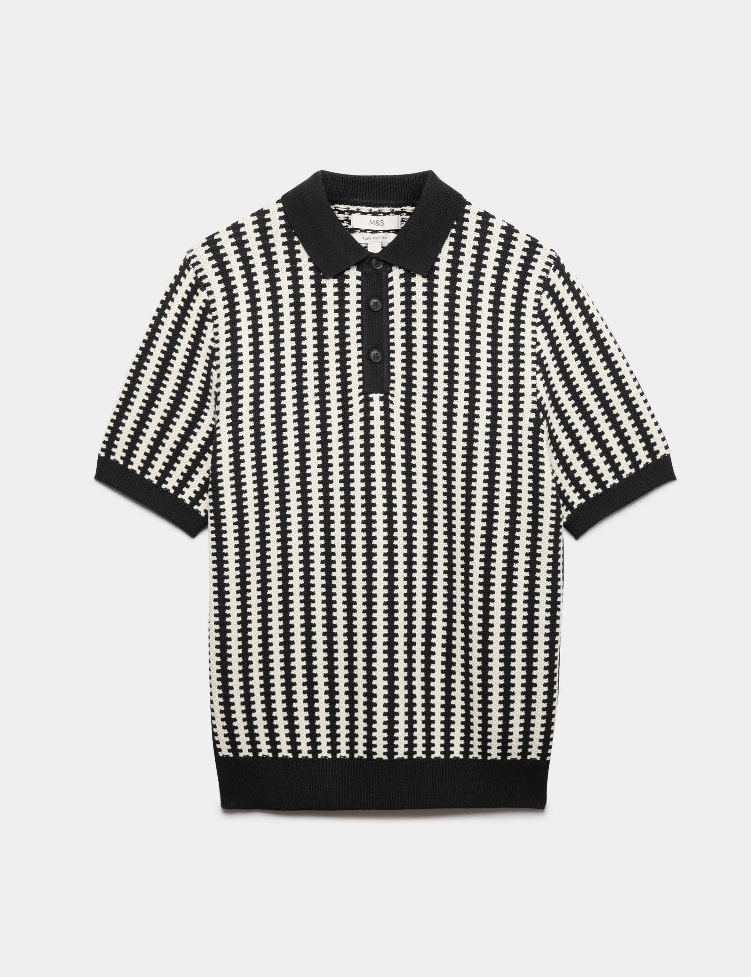 Pure Cotton Textured Striped Knitted Polo Shirt