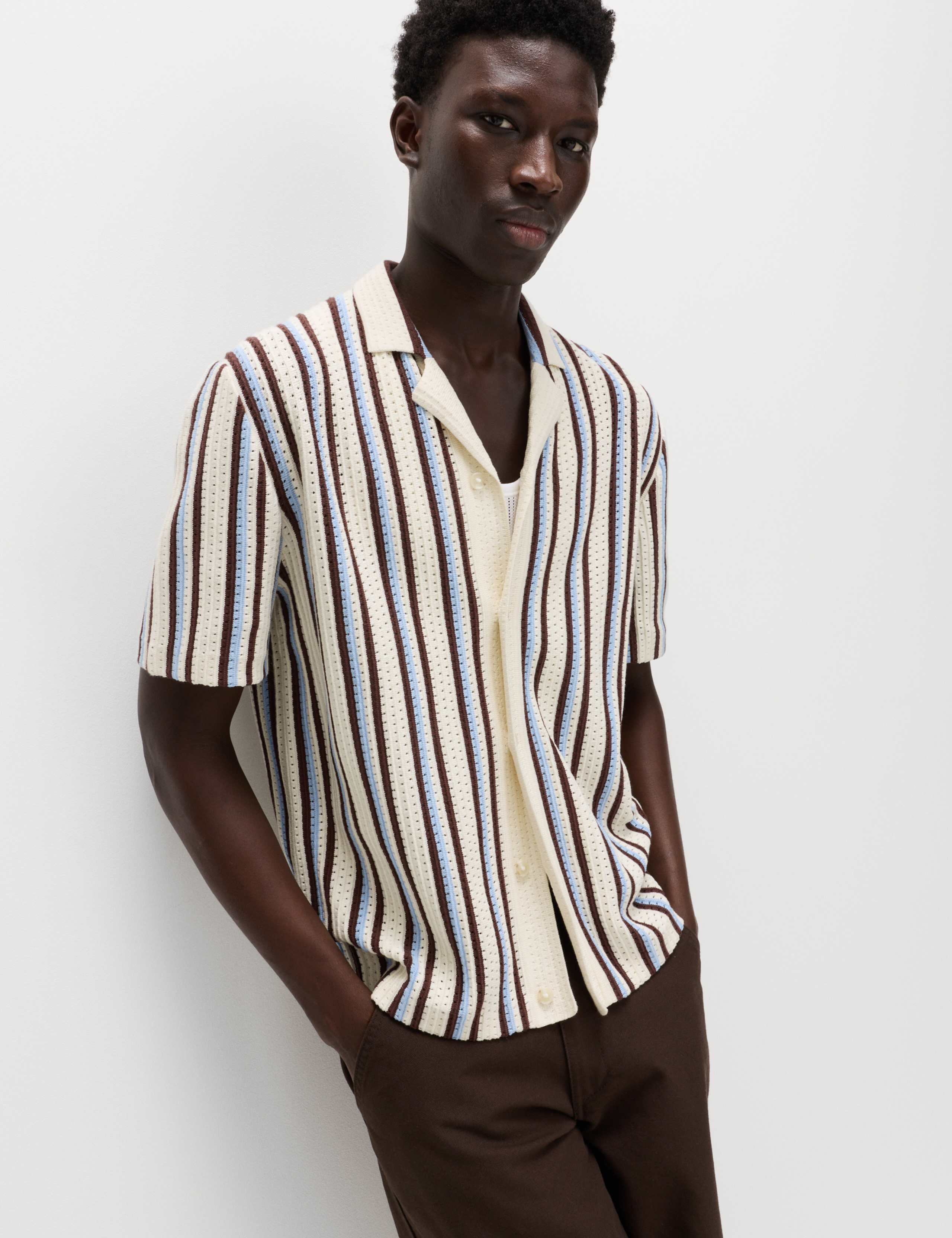 Cotton Textured Striped Knitted Polo Shirt