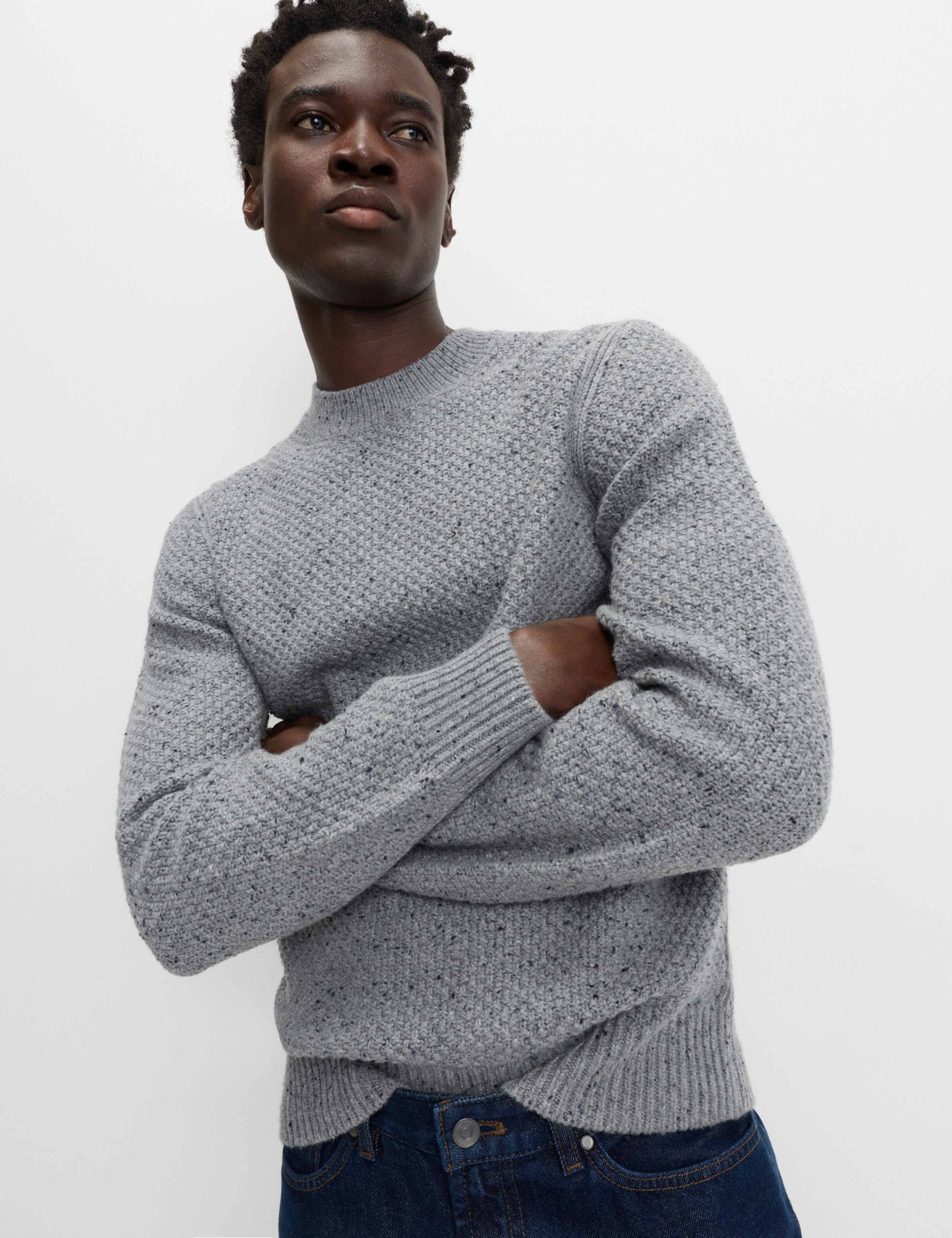 Lambswool Blend Textured Crew Neck Jumper