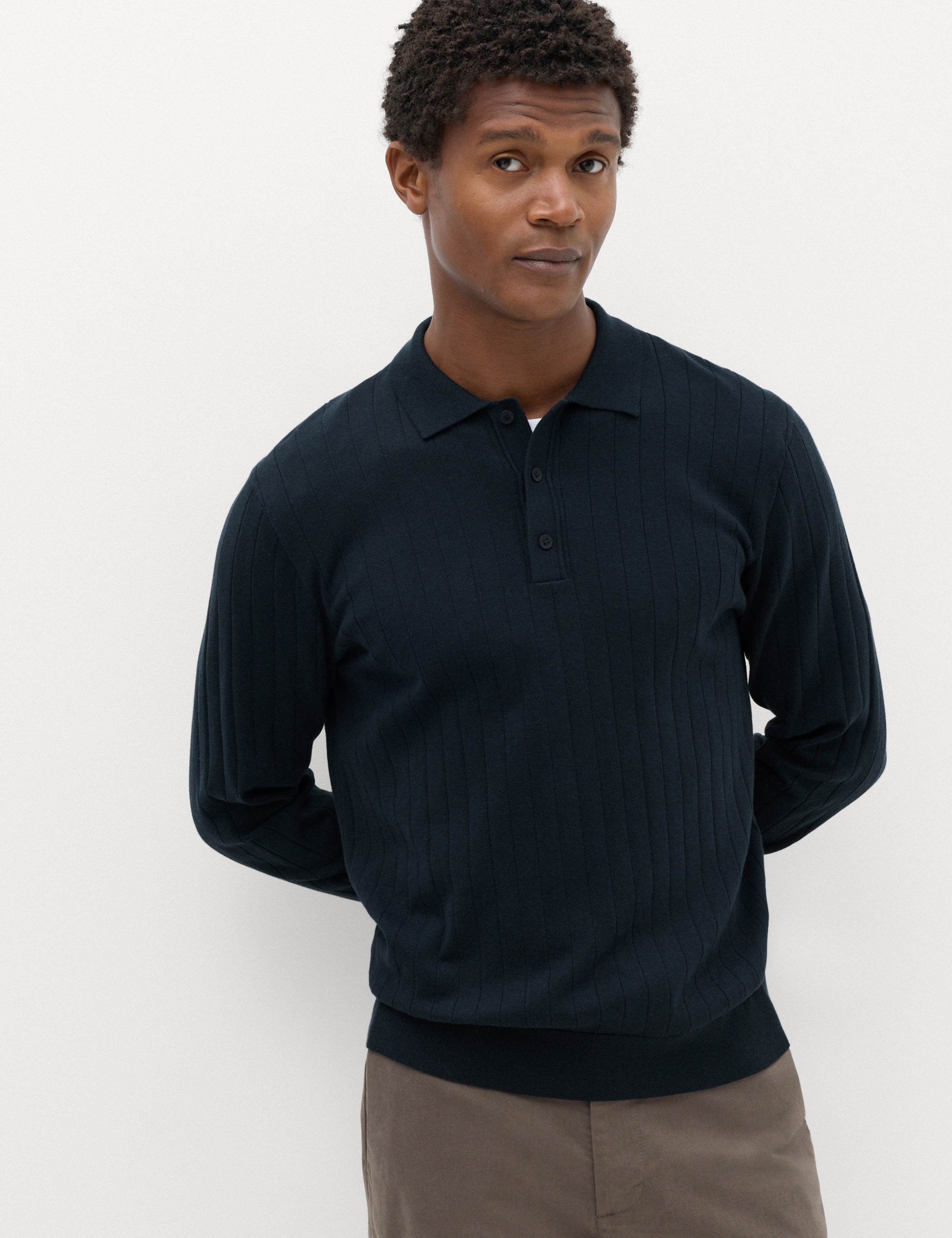 Cotton Blend Smart Rib Knit Polo Shirt