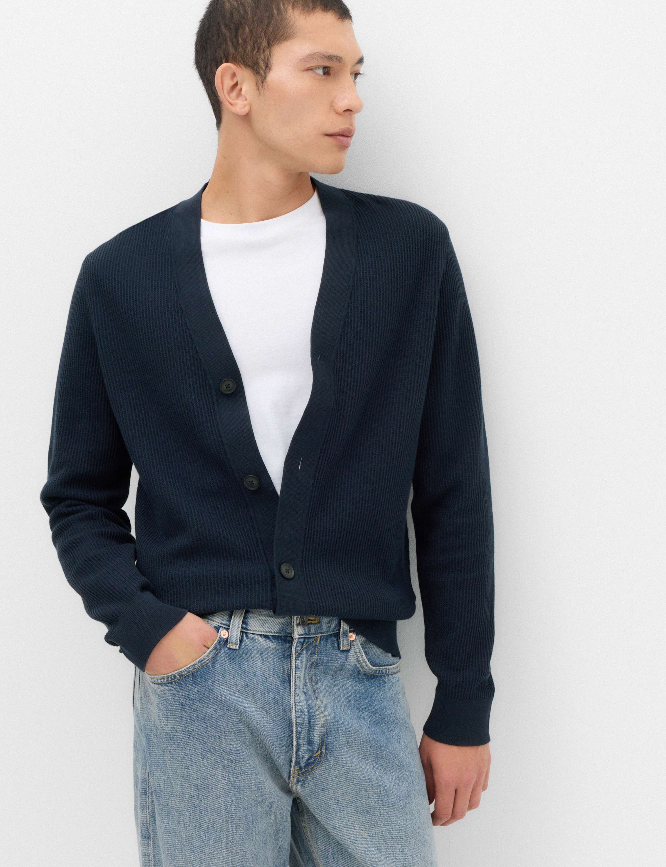 Cotton Rich Shawl Neck Ribbed Cardigan