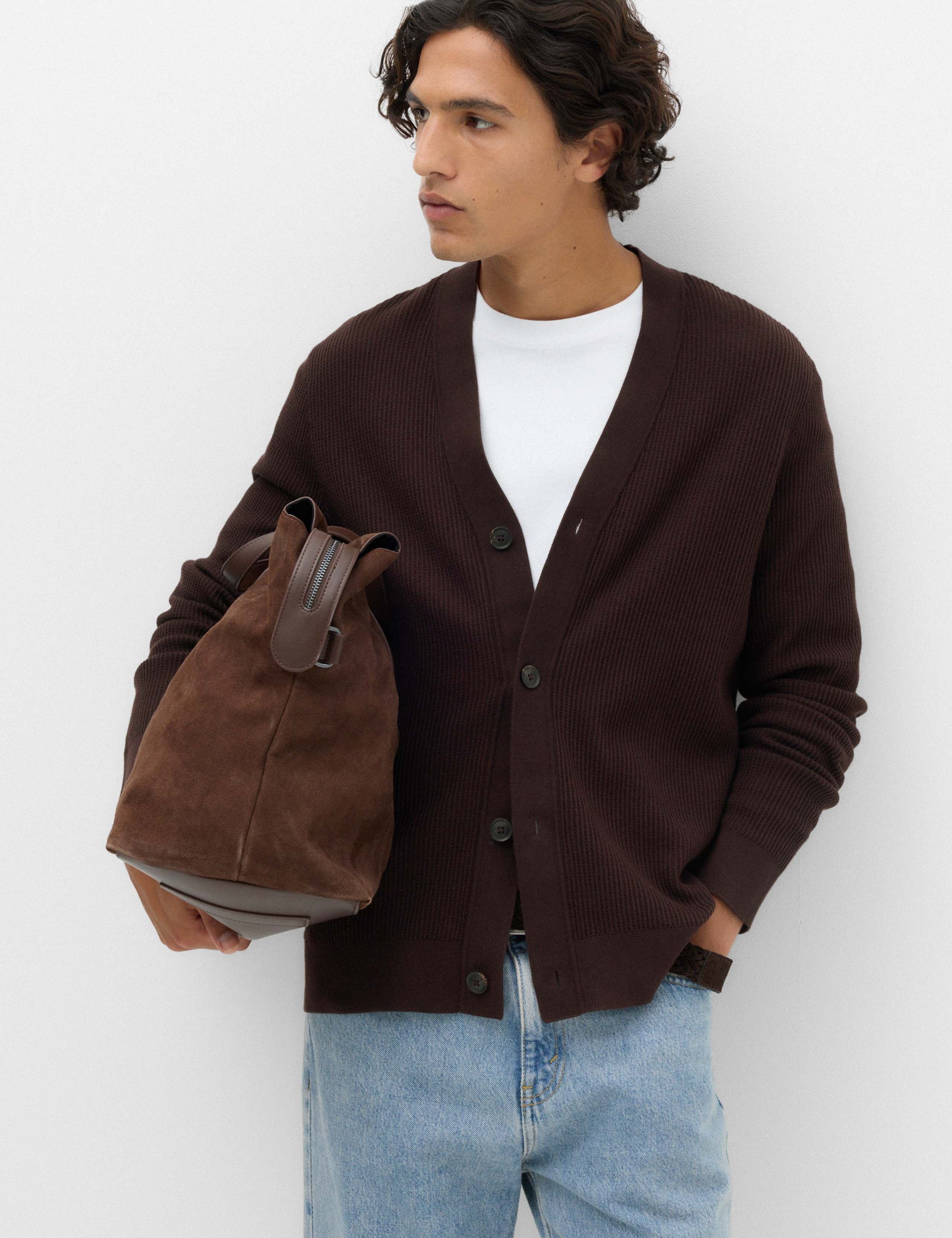 Cotton Rich Shawl Neck Ribbed Cardigan