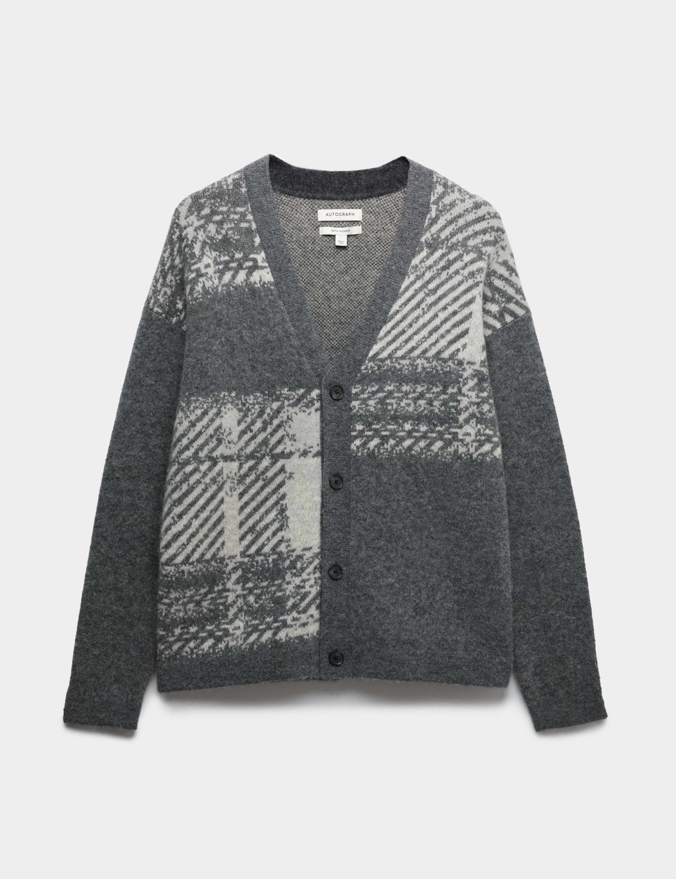 Merino Wool Rich Checked Cardigan with Mohair