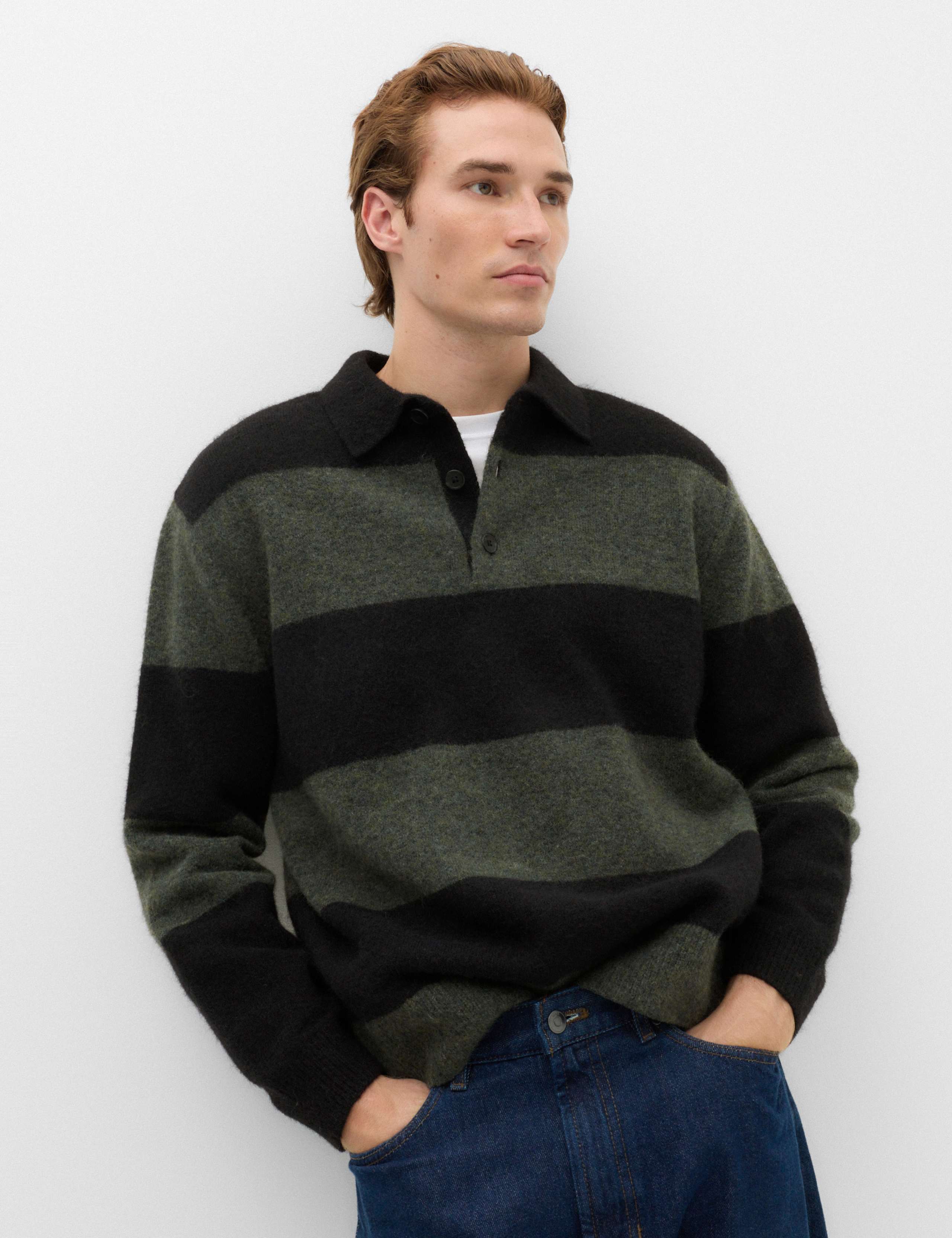 Striped Collared Neck Rugby Jumper with Wool