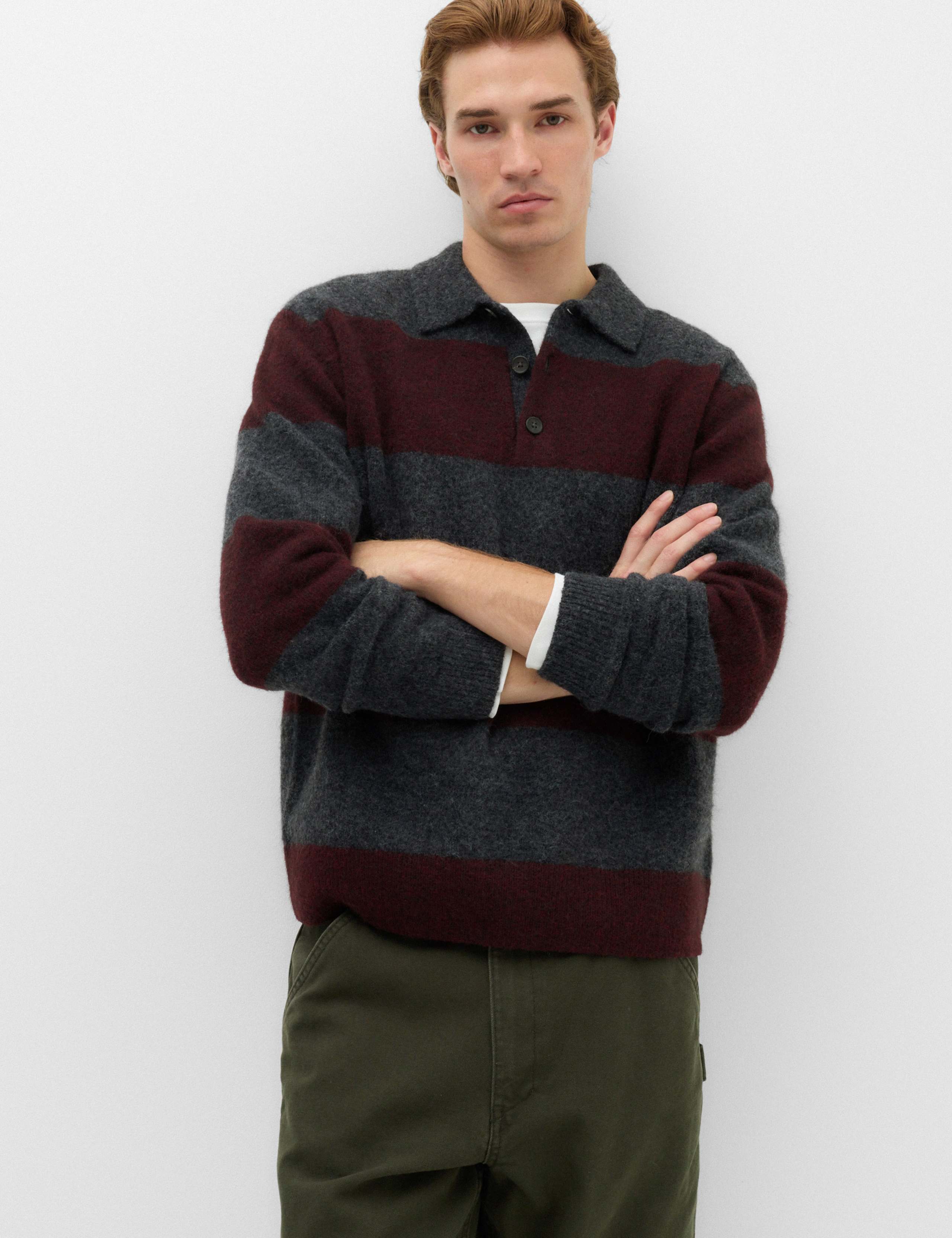Striped Collared Neck Rugby Jumper with Wool