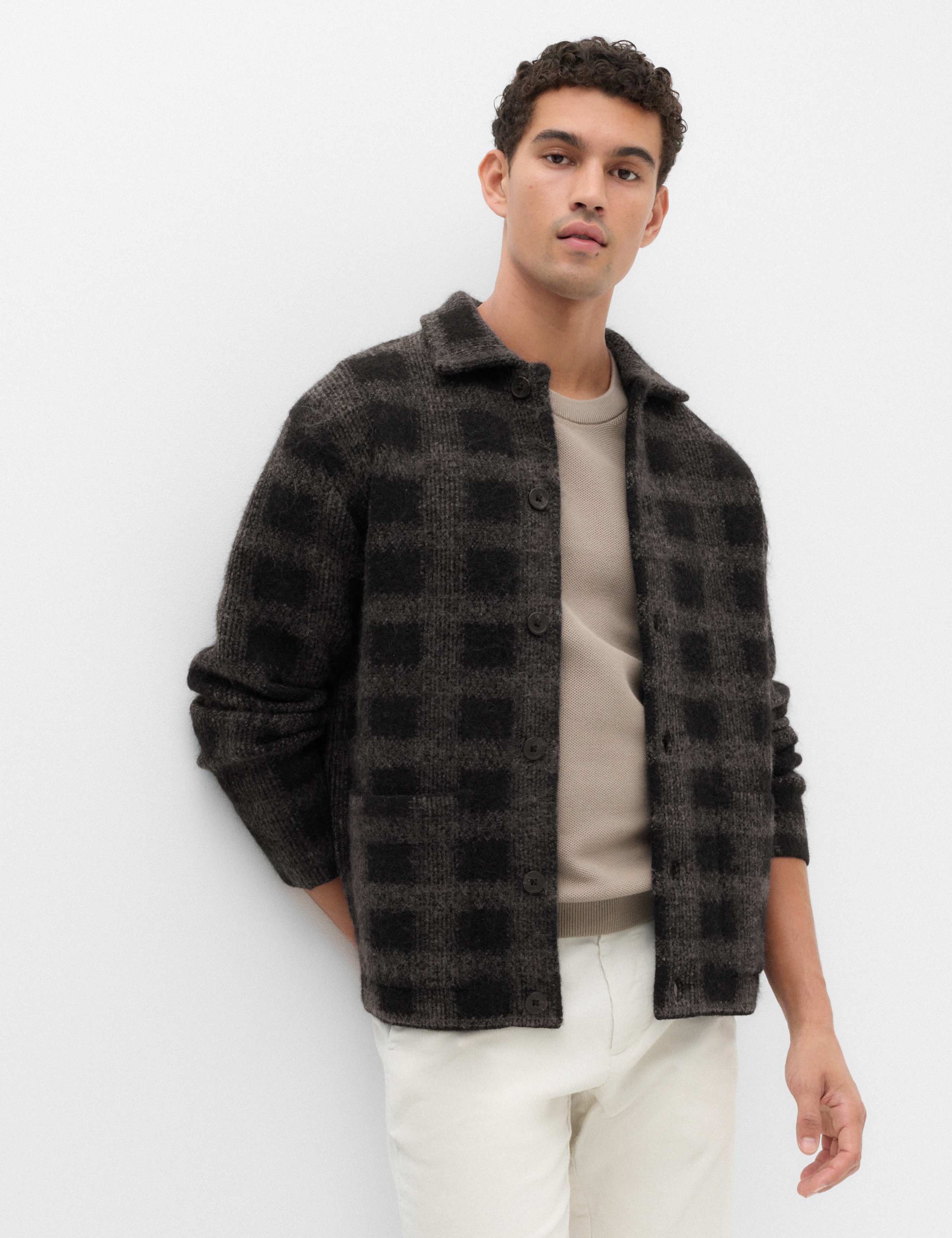 Checked Button Through Knitted Jacket