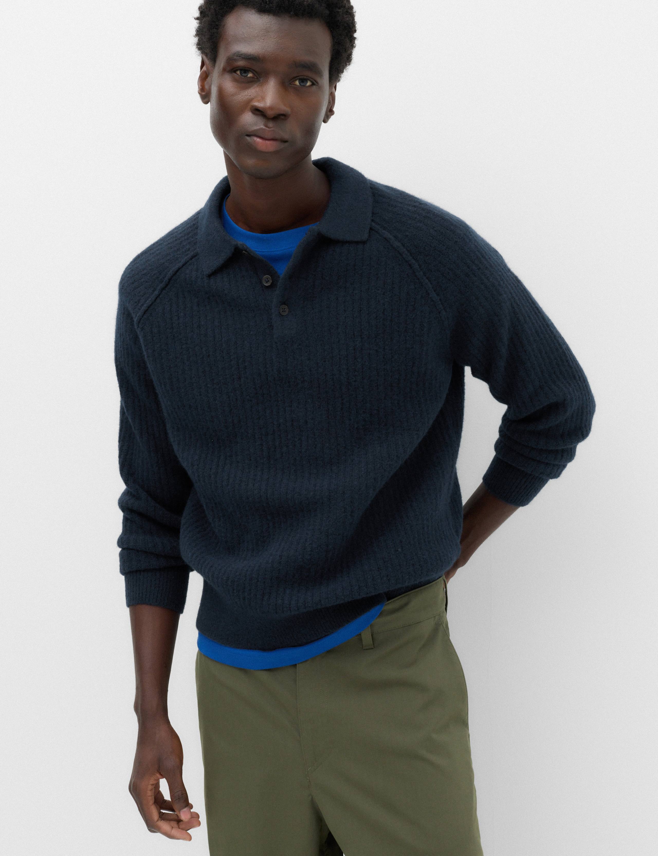 Lofty Ribbed Buttoned Knitted Polo Shirt