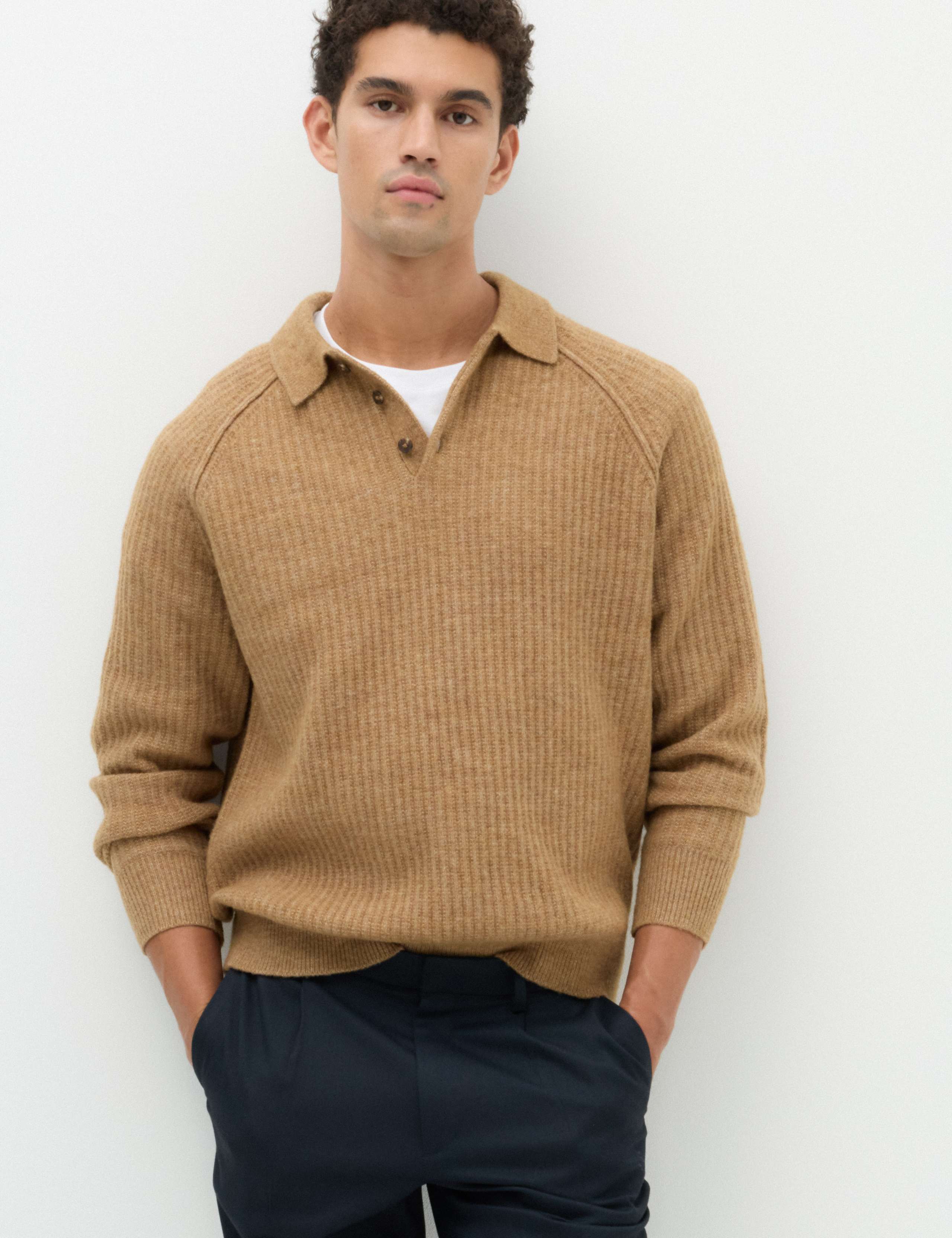 Lofty Ribbed Buttoned Knitted Polo Shirt