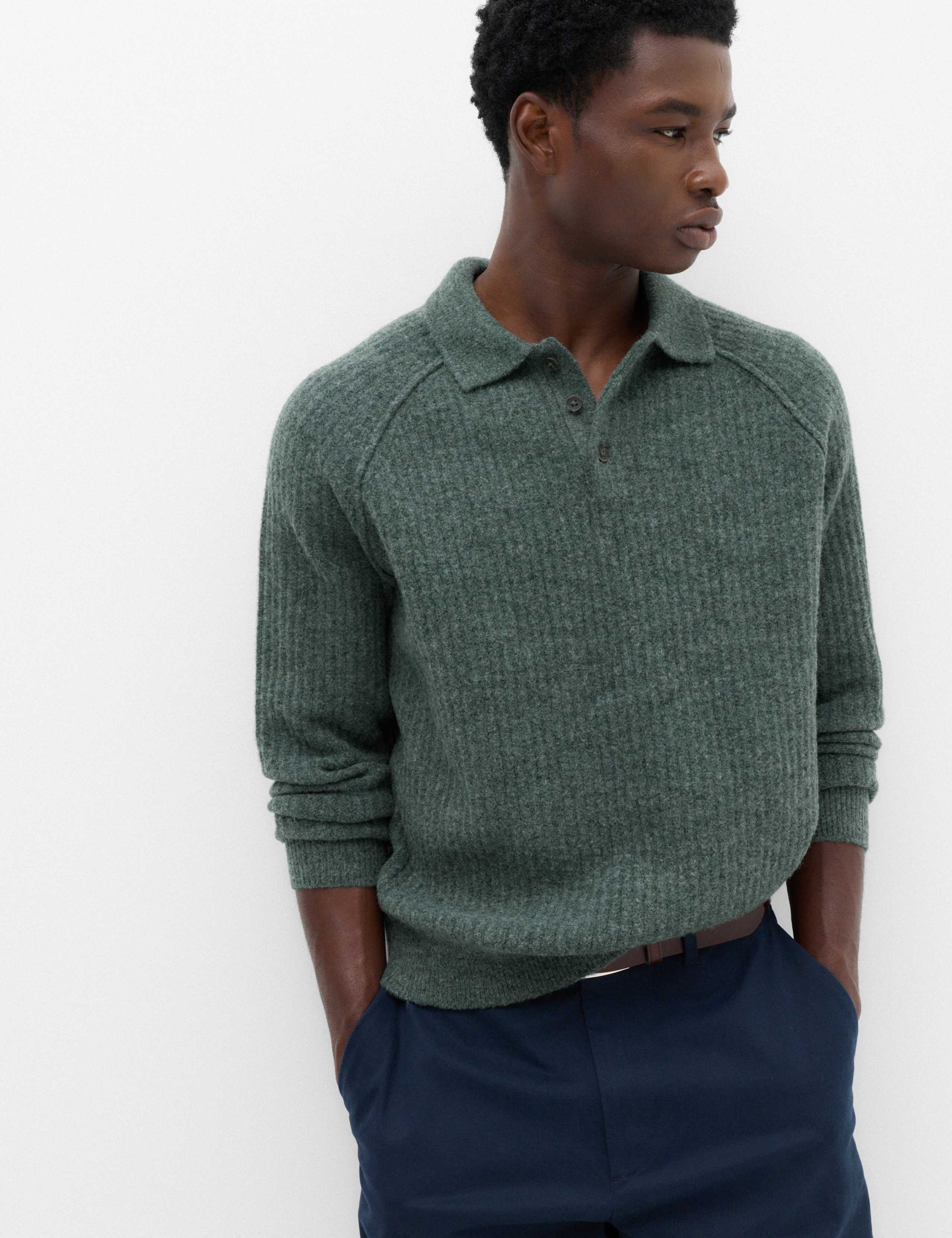 Lofty Ribbed Buttoned Knitted Polo Shirt