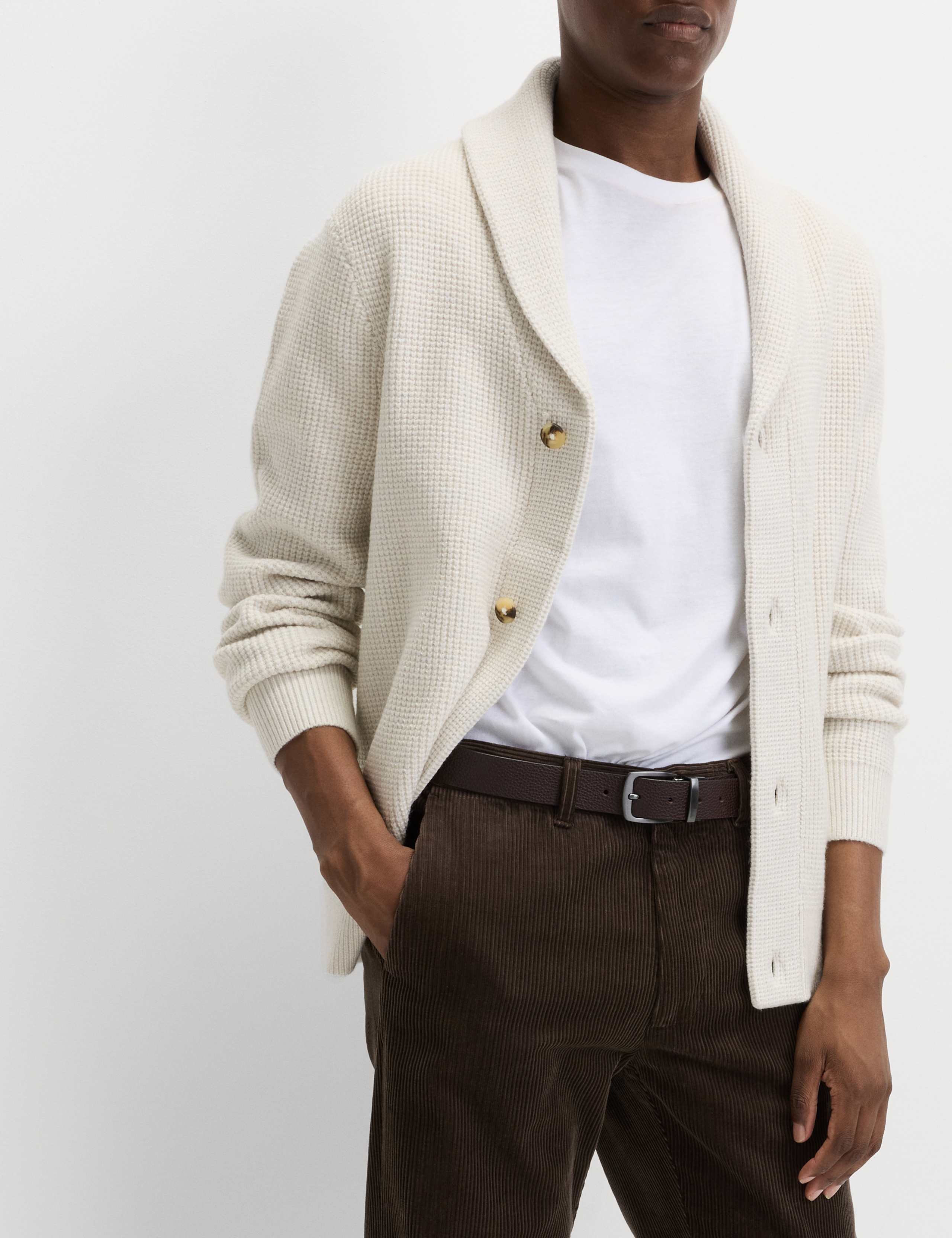 Air-Yarn Waffle Knit Shawl Neck Cardigan