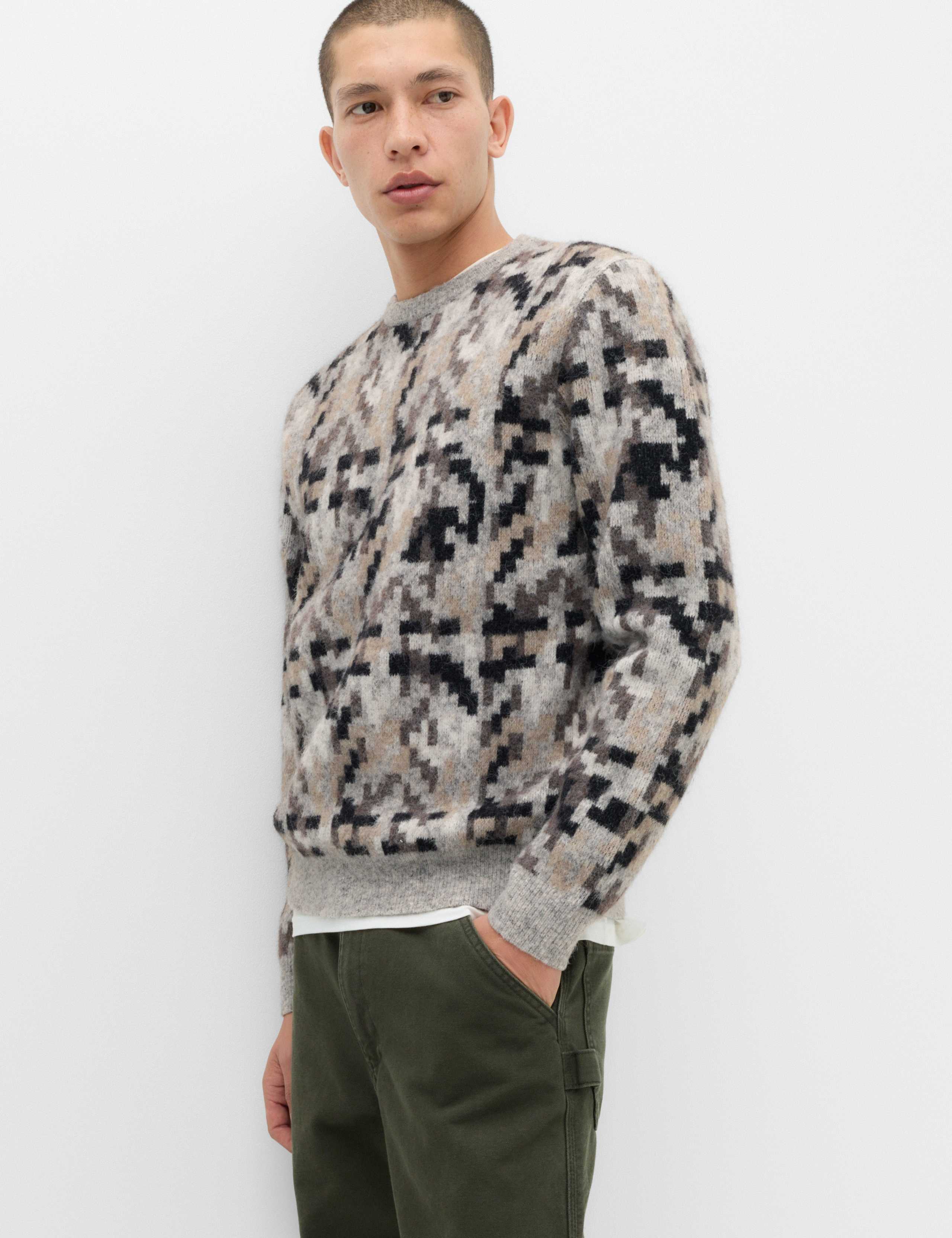 Regular Fit Checked Crew Neck Jumper