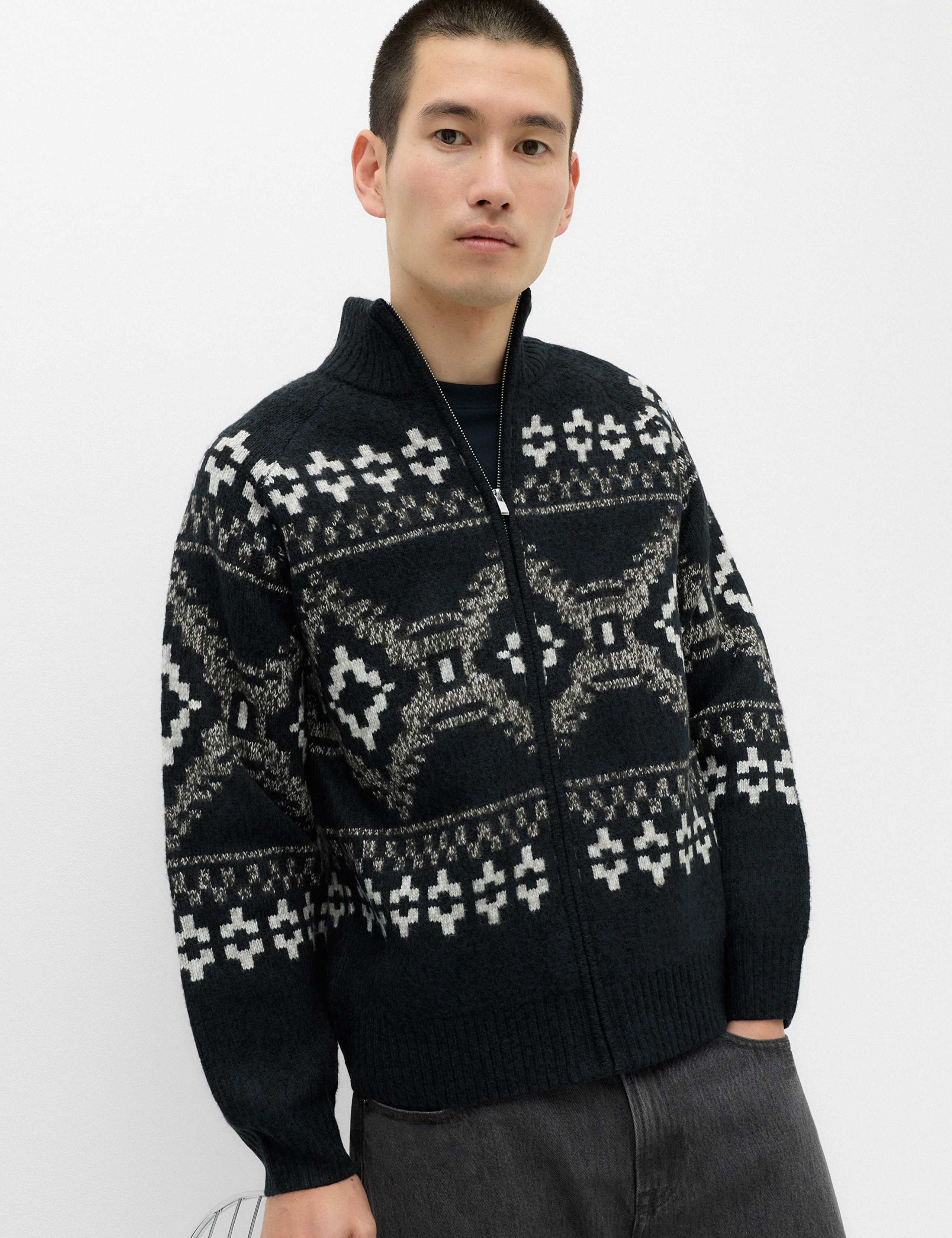 Fair Isle Funnel Neck Zip Up Jumper