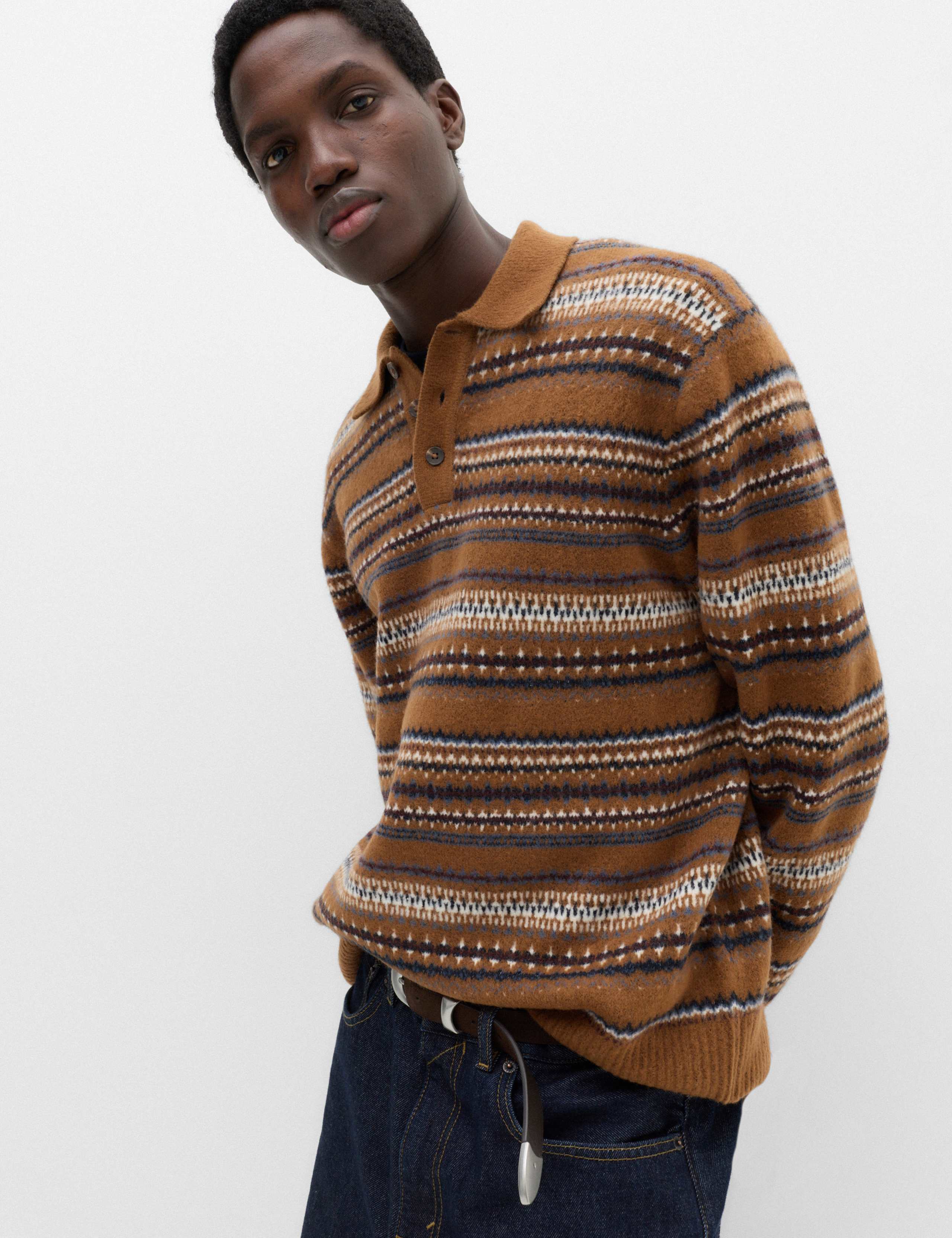 Fair Isle Knitted Polo Shirt with Wool
