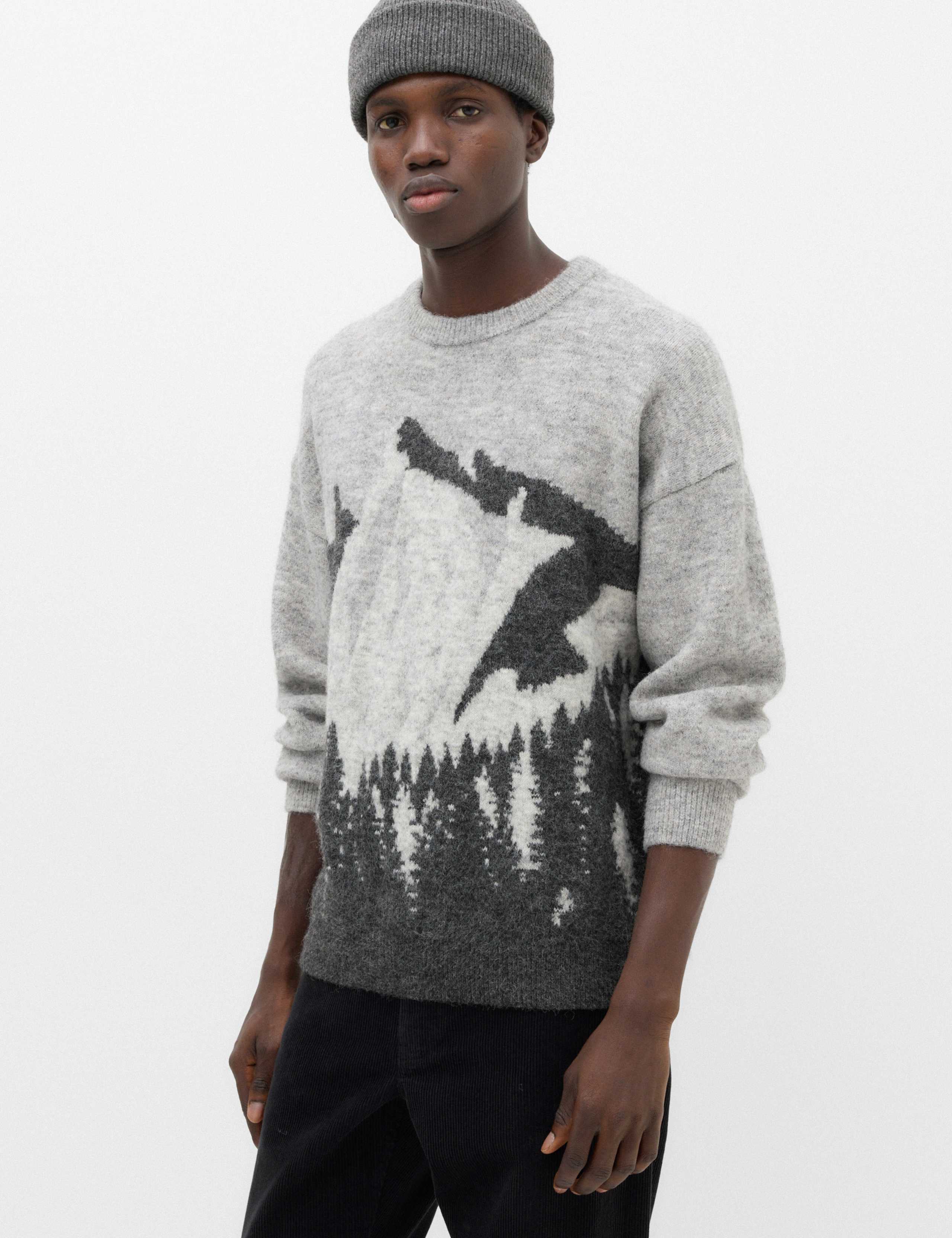 Mountain Scene Crew Neck Jumper with Wool