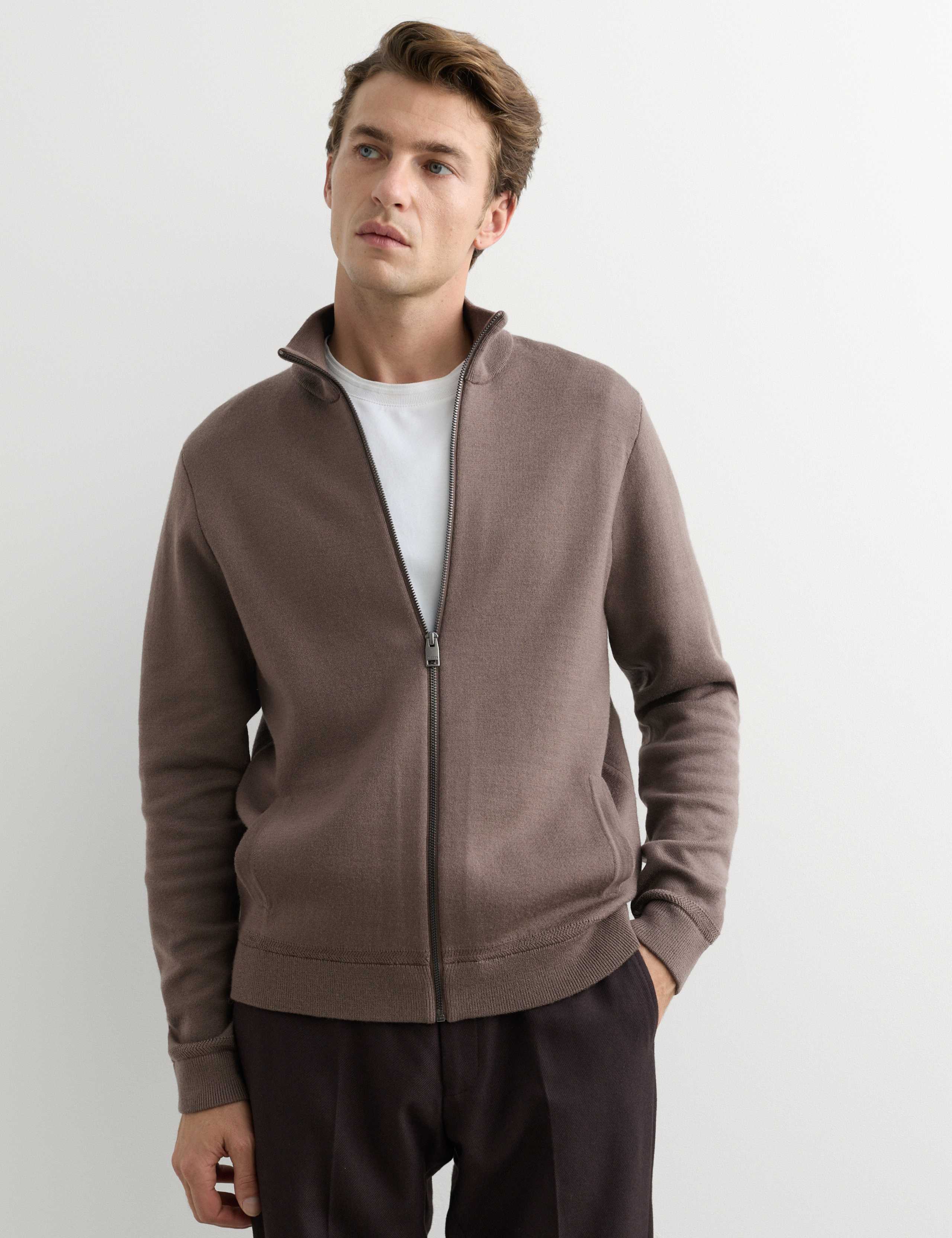 Merino Wool Rich Funnel Neck Zip Up Cardigan