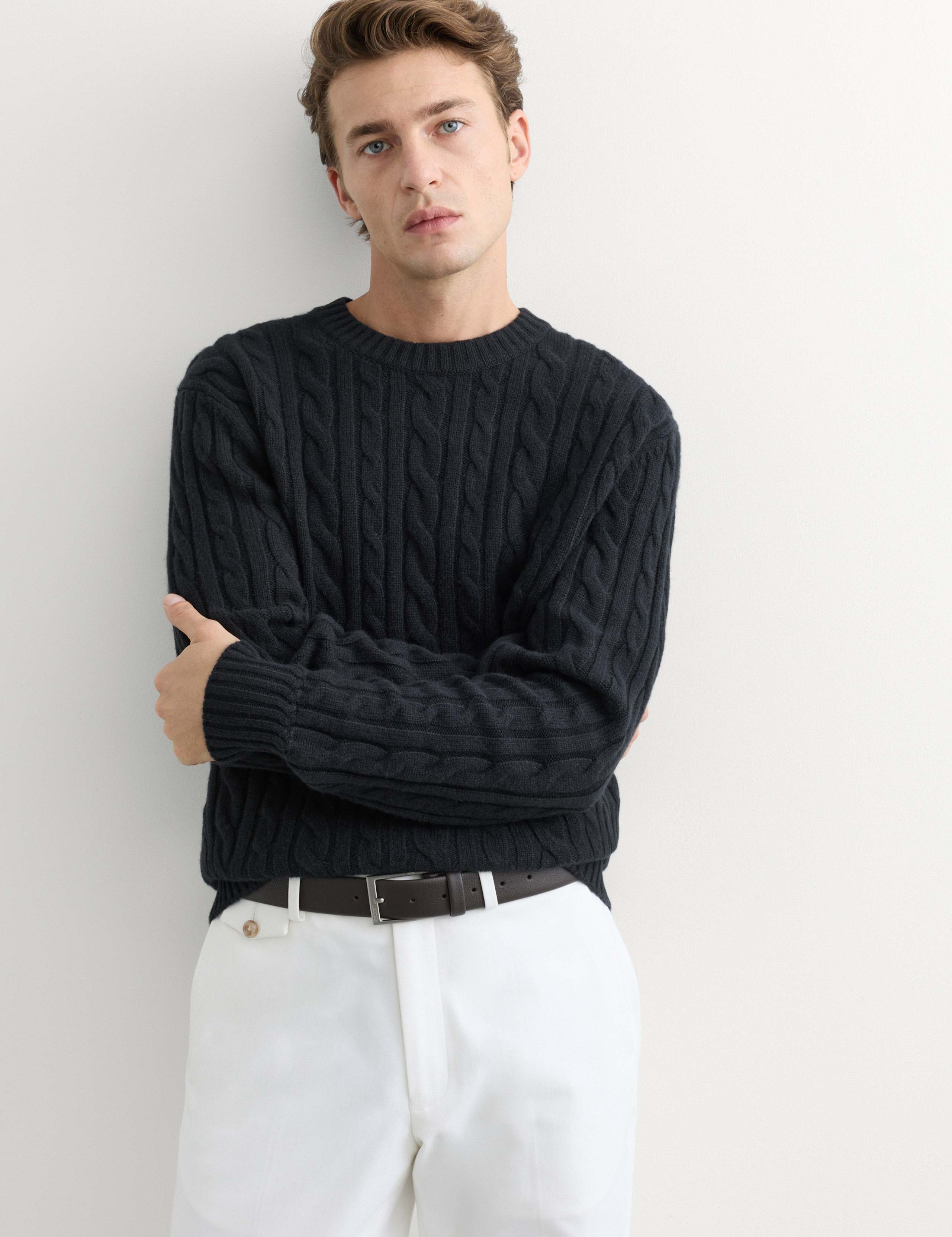 Cashmere Rich Cable Knit Crew Neck Jumper