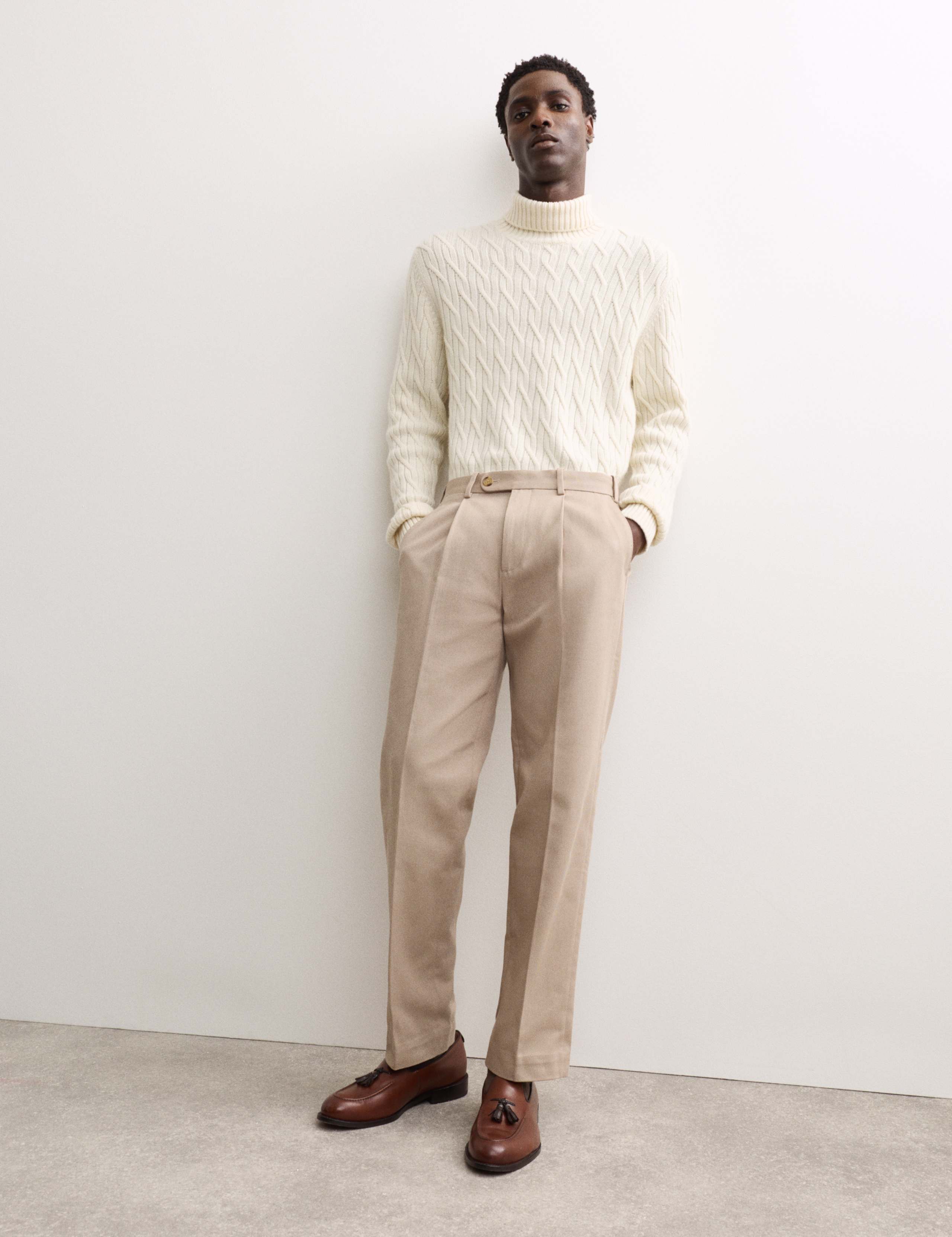 Pure Cotton Tapered Fit Pleated Twill Trousers