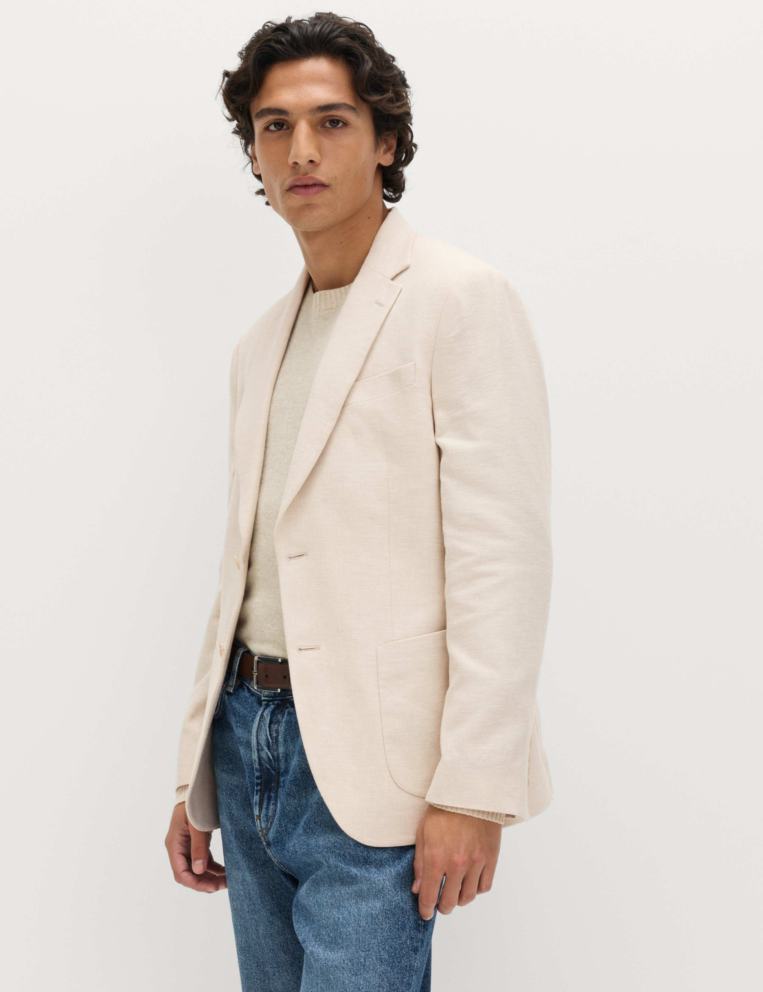 Tailored Fit Linen Cotton Blend Herringbone Blazer