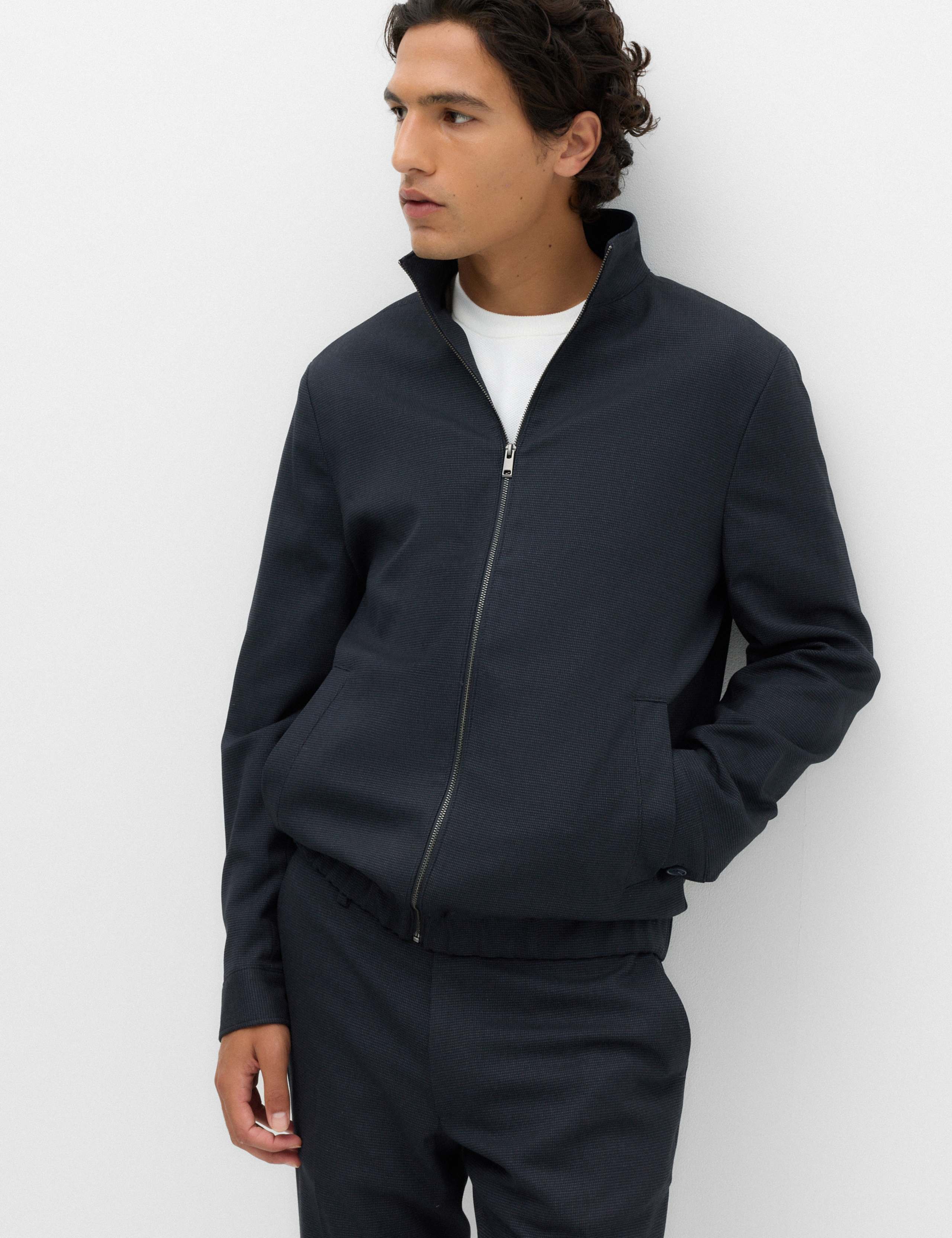 Regular Fit Pindot Funnel Neck Suit Jacket