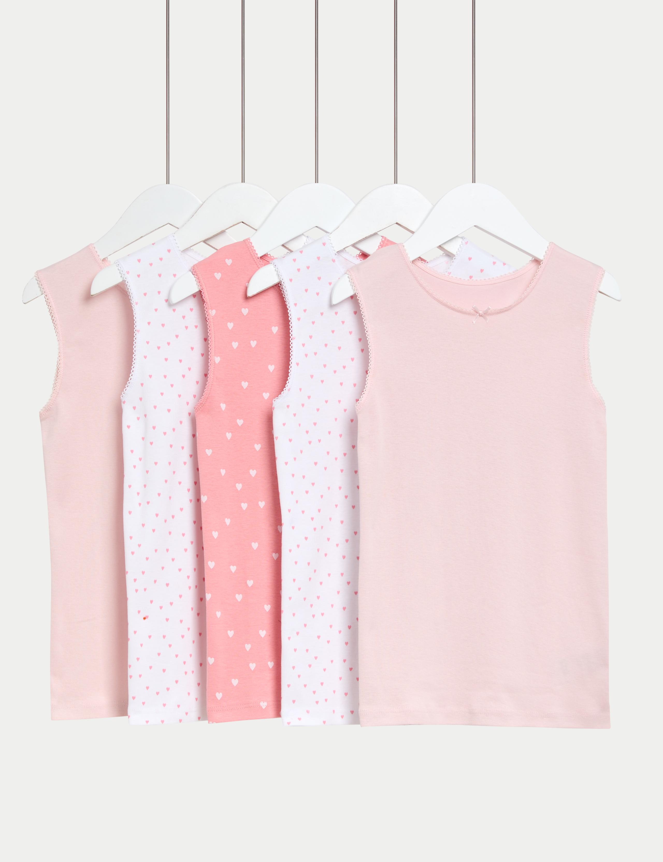 5pk Pure Cotton Heart Print Vests (2-14 Yrs)