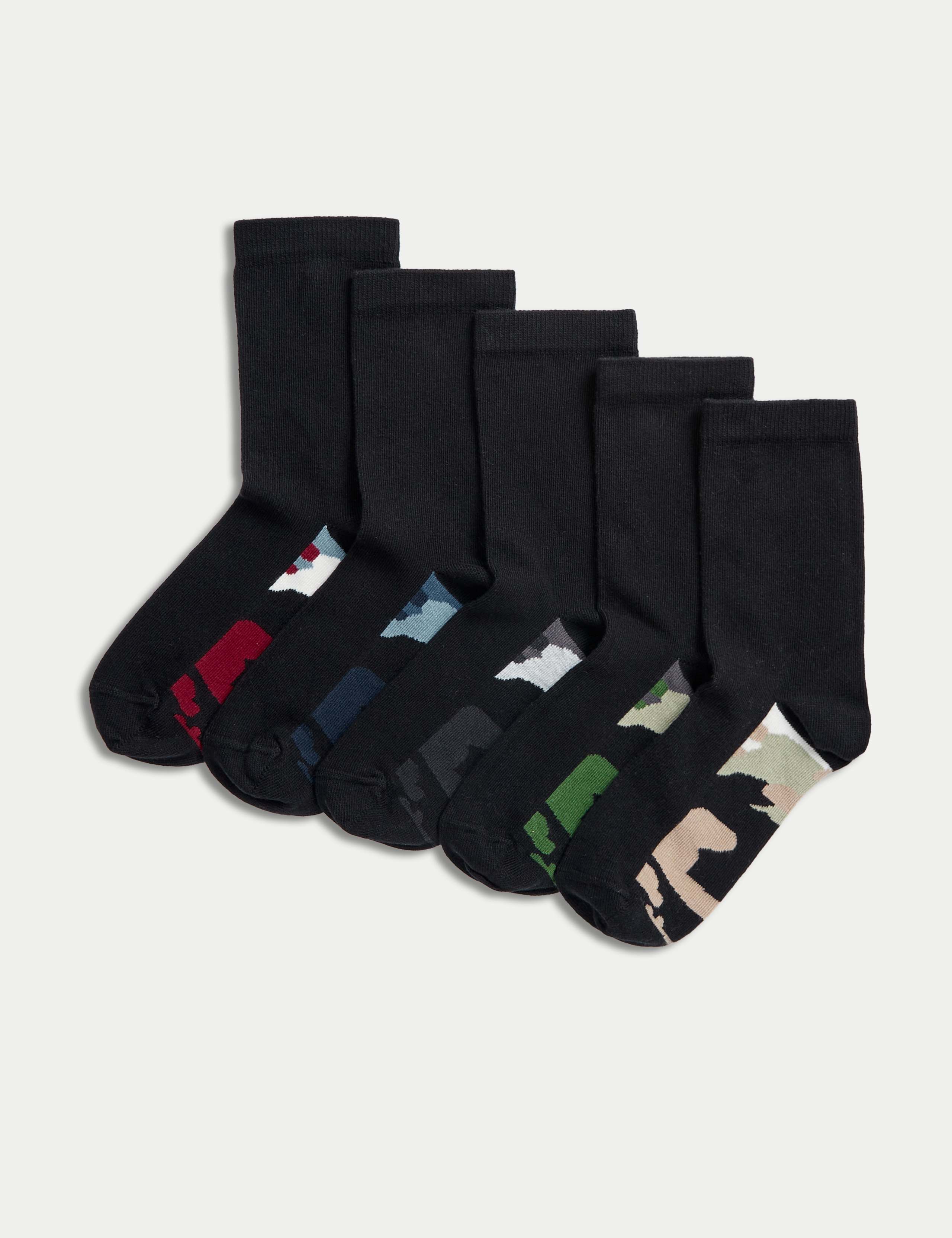 5pk Cotton Rich Camo Sole School Socks (6 Small-7 Large)